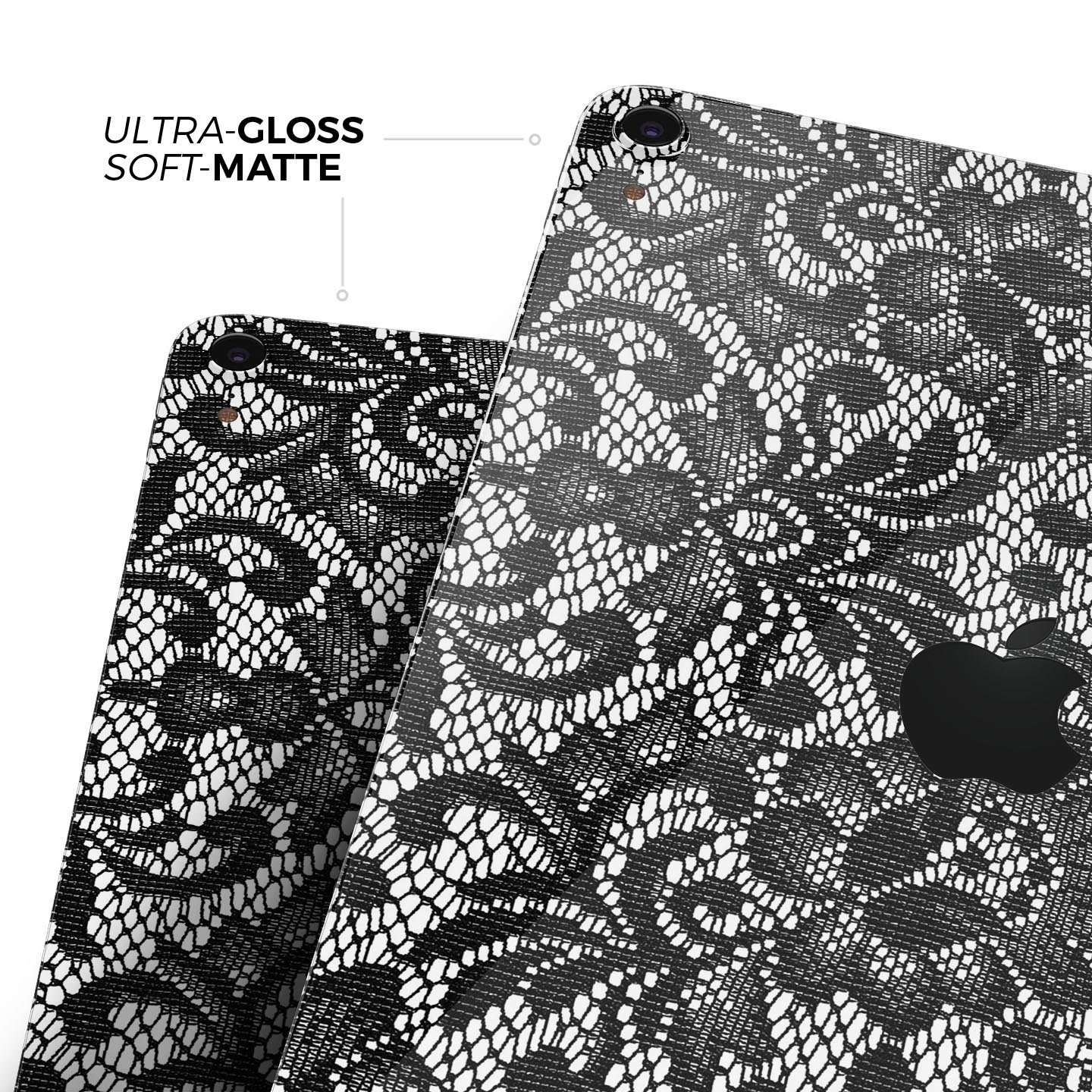 Black and White Lace Pattern V108 skin decal for Apple devices, showcasing intricate lace design and premium finish.