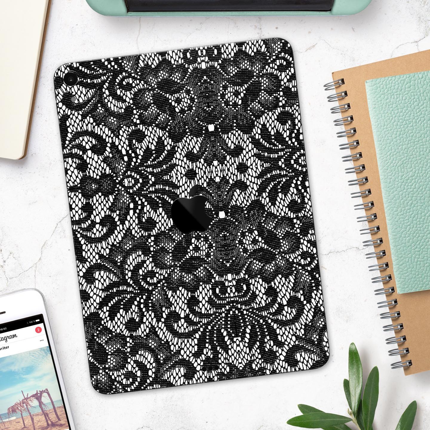 Black and White Lace Pattern V108 skin decal for Apple devices, showcasing intricate lace design and premium finish.