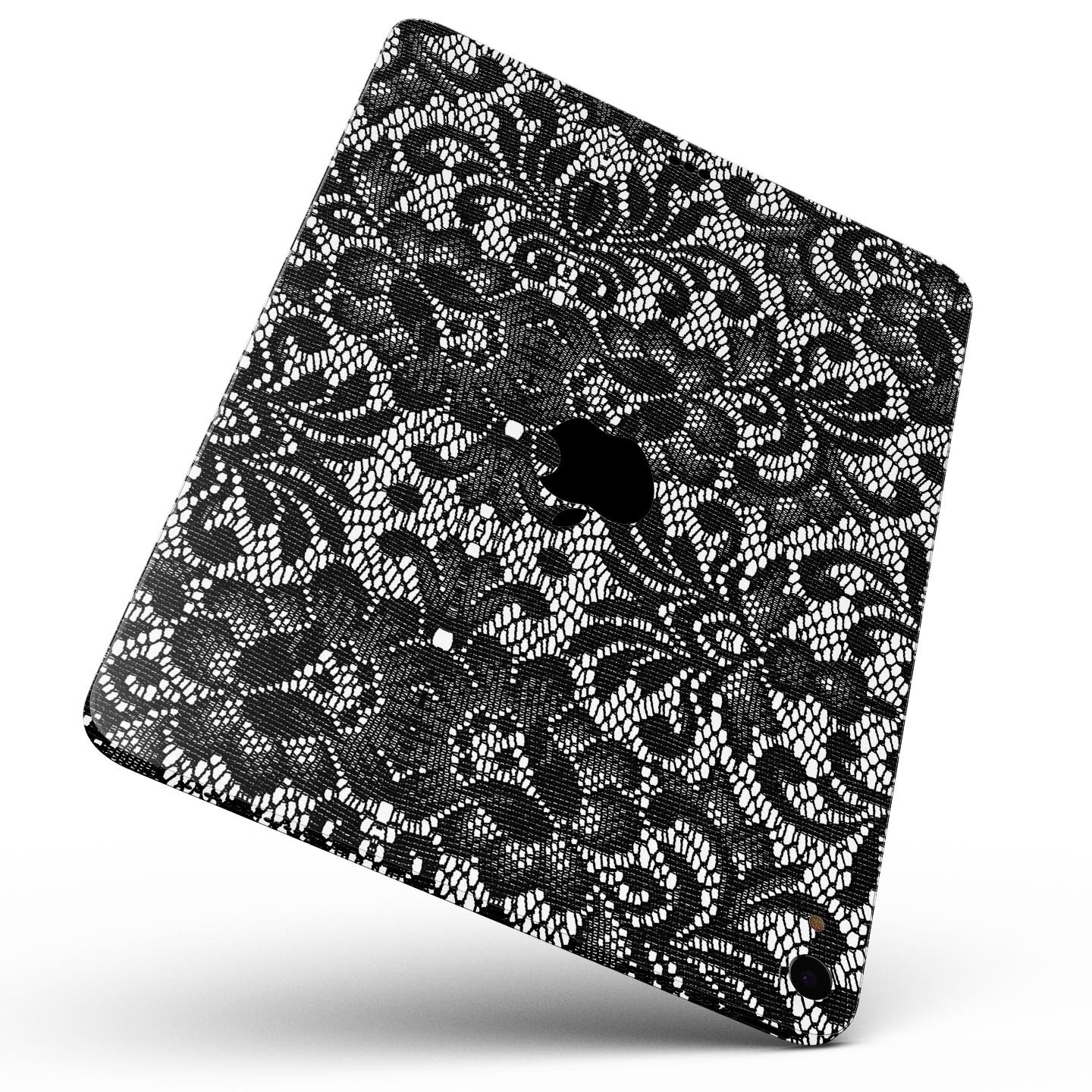 Black and White Lace Pattern V108 skin decal for Apple devices, showcasing intricate lace design and premium finish.