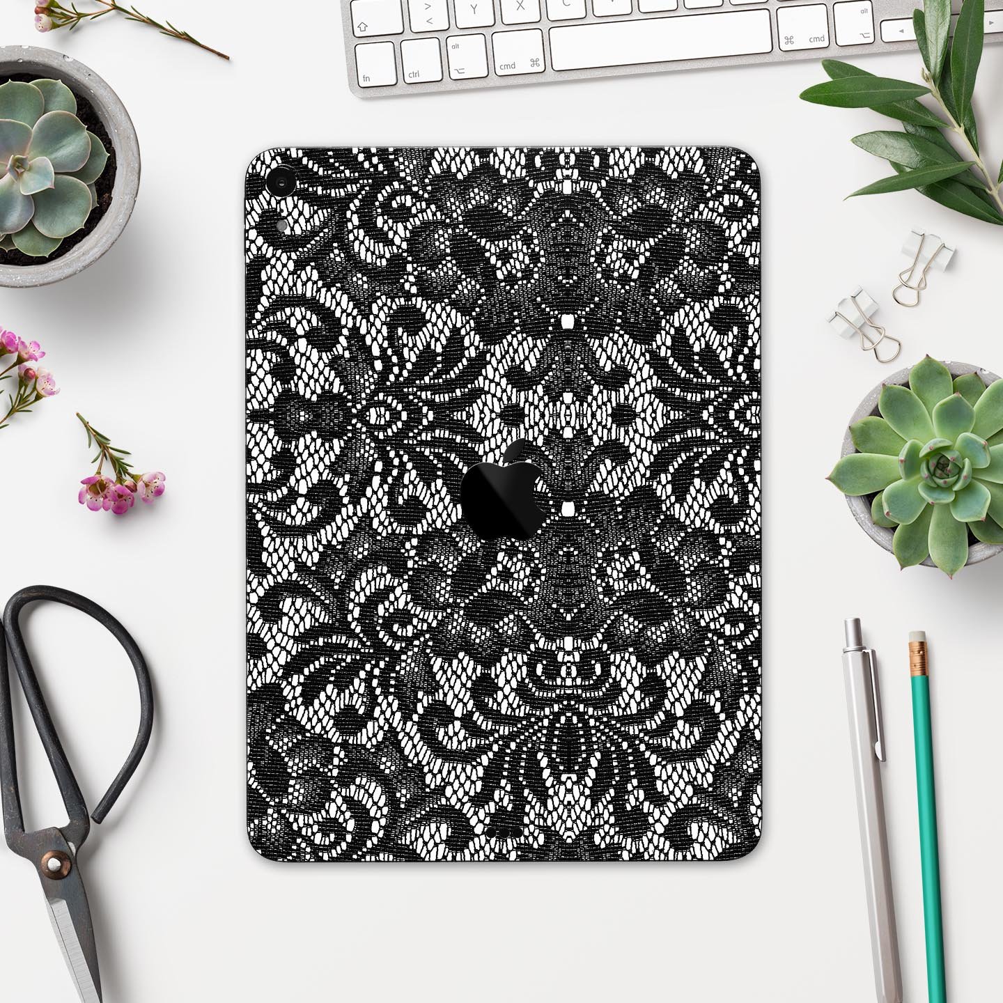 Black and White Lace Pattern V108 skin decal for Apple devices, showcasing intricate lace design and premium finish.