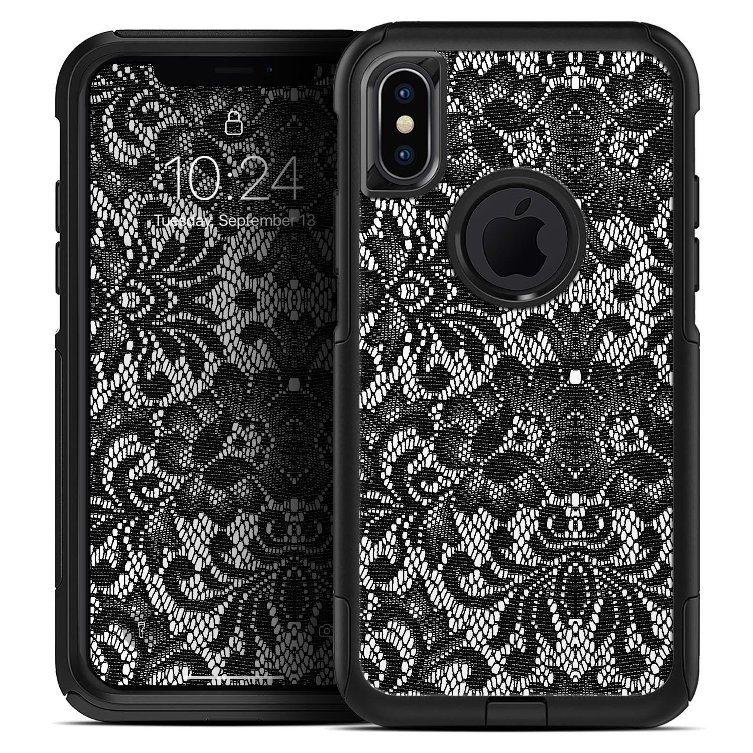 Black and white lace pattern skin kit for iPhone OtterBox, showcasing intricate lace design and premium finish.
