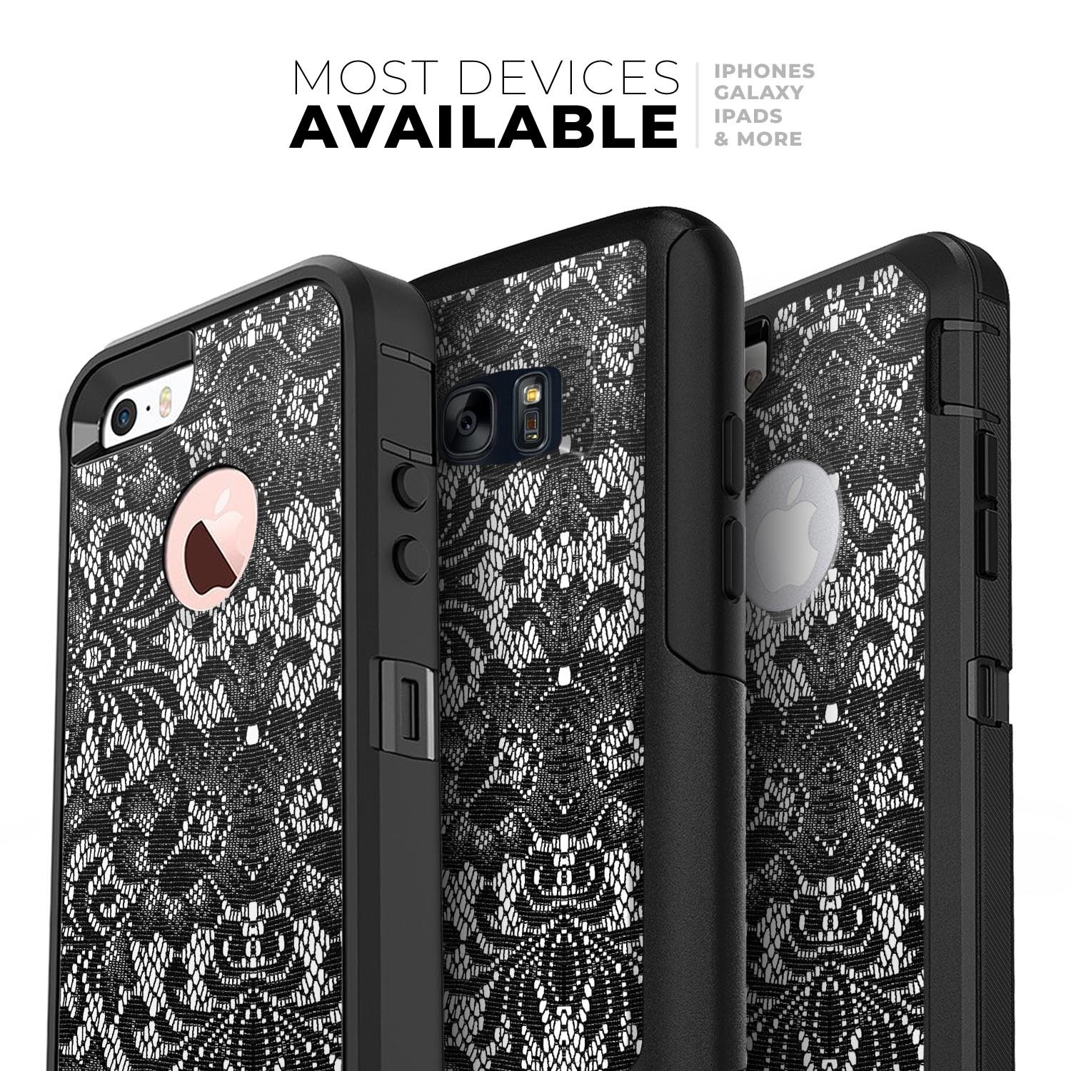 Black and white lace pattern skin kit for iPhone OtterBox, showcasing intricate lace design and premium finish.