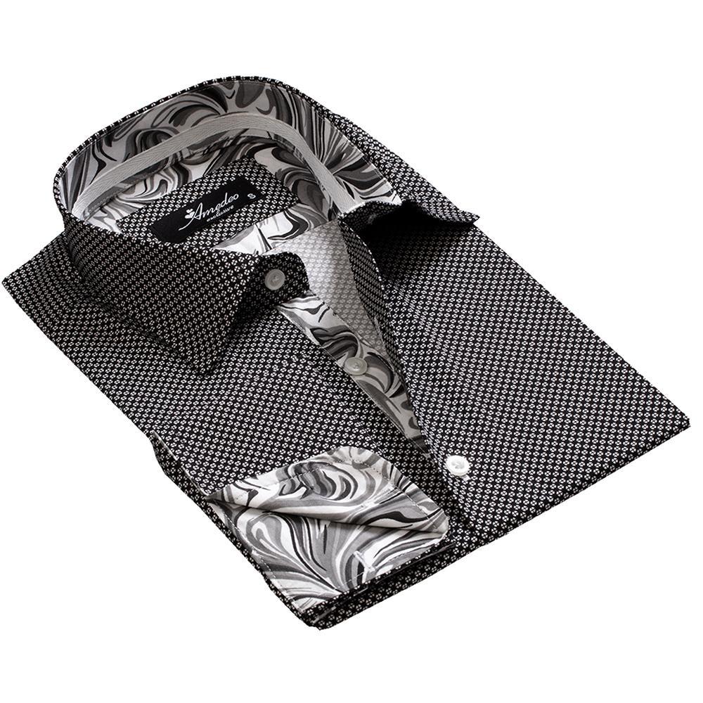 Black and white men's slim fit dress shirt with French cuffs and cufflinks, showcasing a modern design and luxurious fabric.