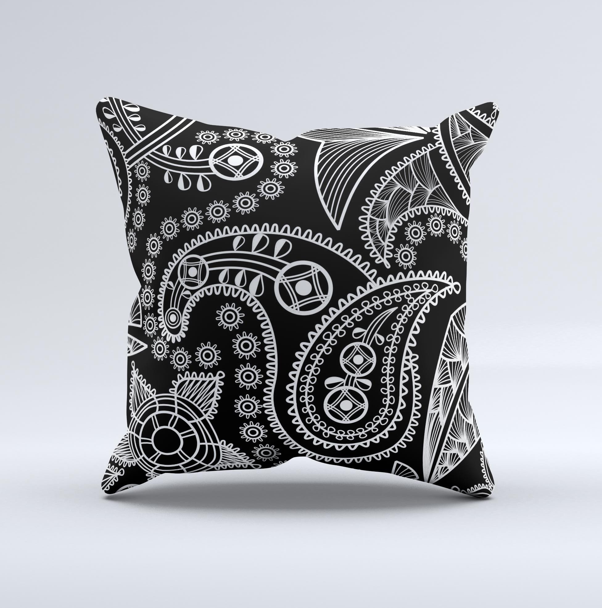 Black and white decorative throw pillow featuring a paisley pattern, handcrafted in Virginia with high thread count fabric.