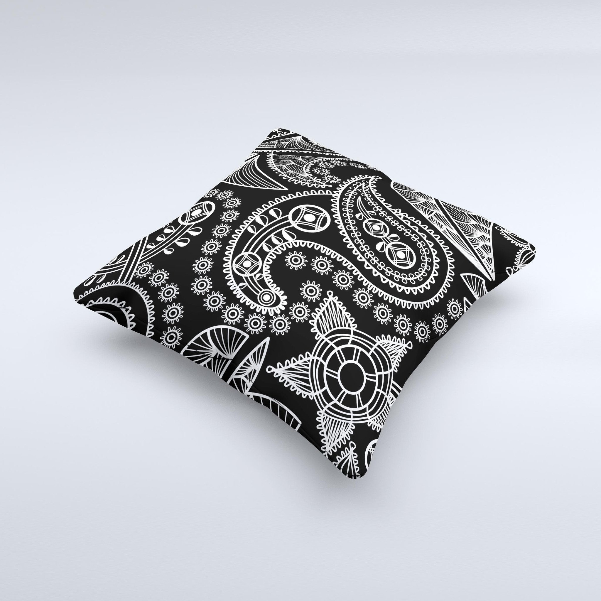 Black and white decorative throw pillow featuring a paisley pattern, handcrafted in Virginia with high thread count fabric.