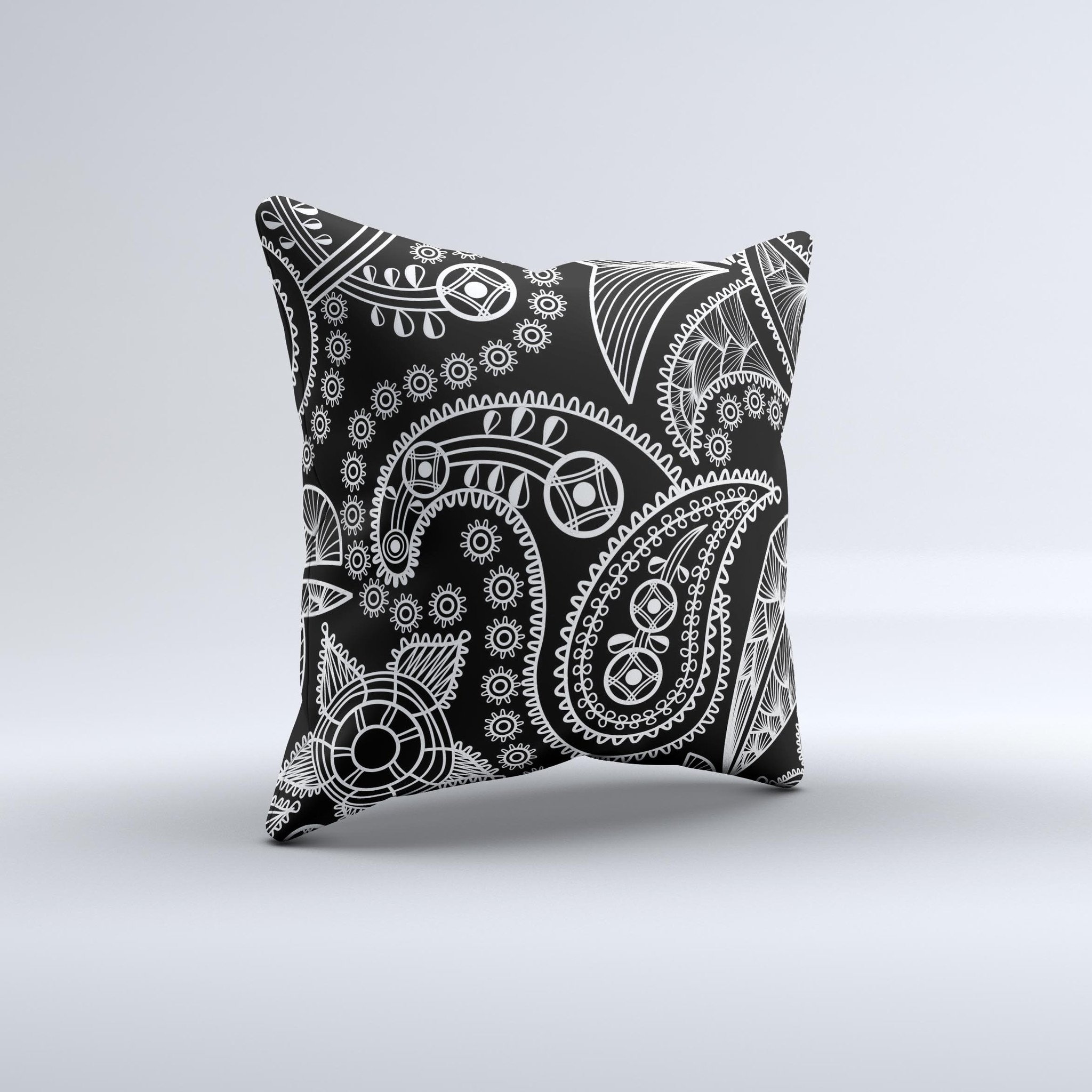 Black and white decorative throw pillow featuring a paisley pattern, handcrafted in Virginia with high thread count fabric.