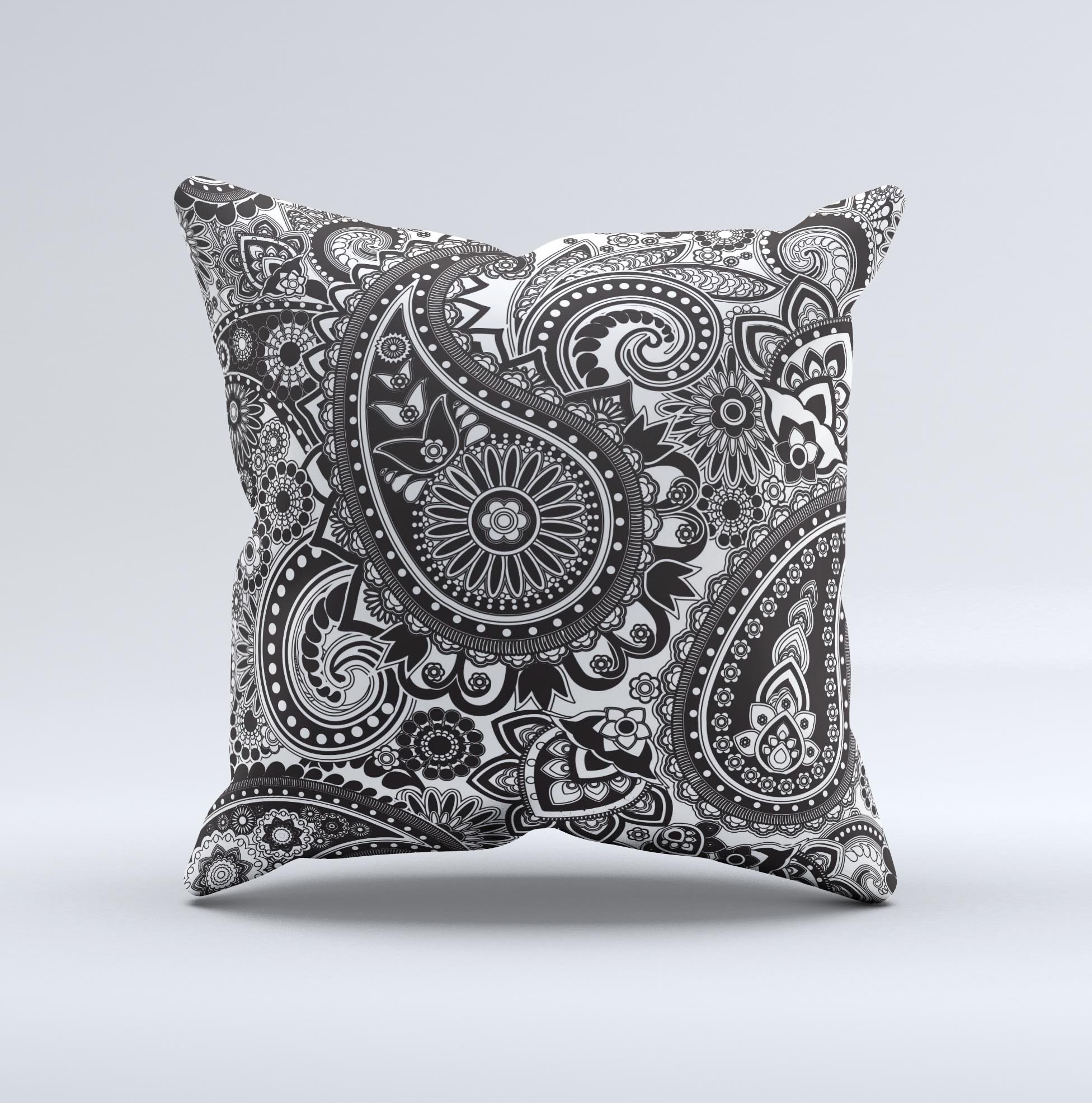 Black and white decorative throw pillow featuring a paisley pattern, handcrafted in Virginia with high thread count fabric.