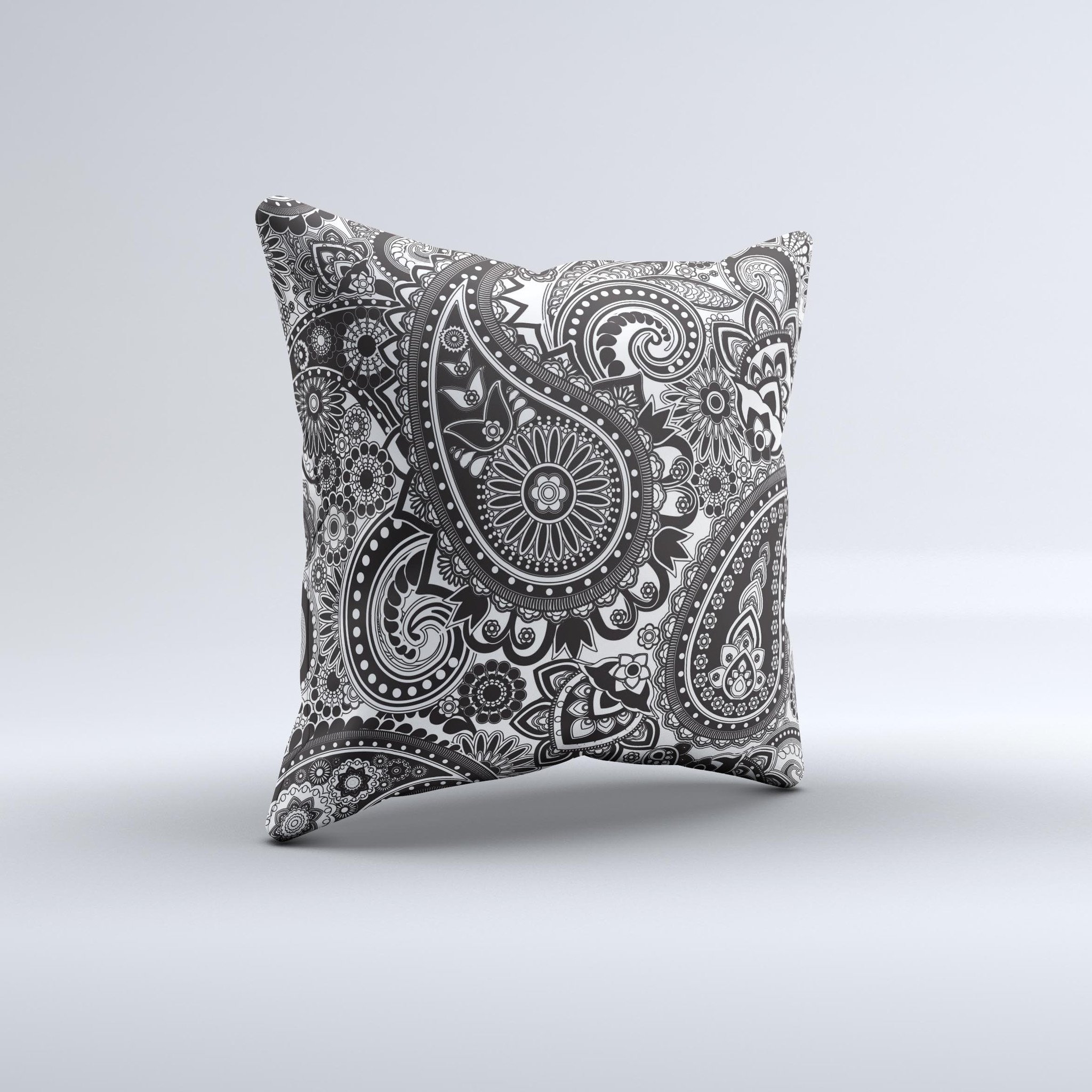 Black and white decorative throw pillow featuring a paisley pattern, handcrafted in Virginia with high thread count fabric.