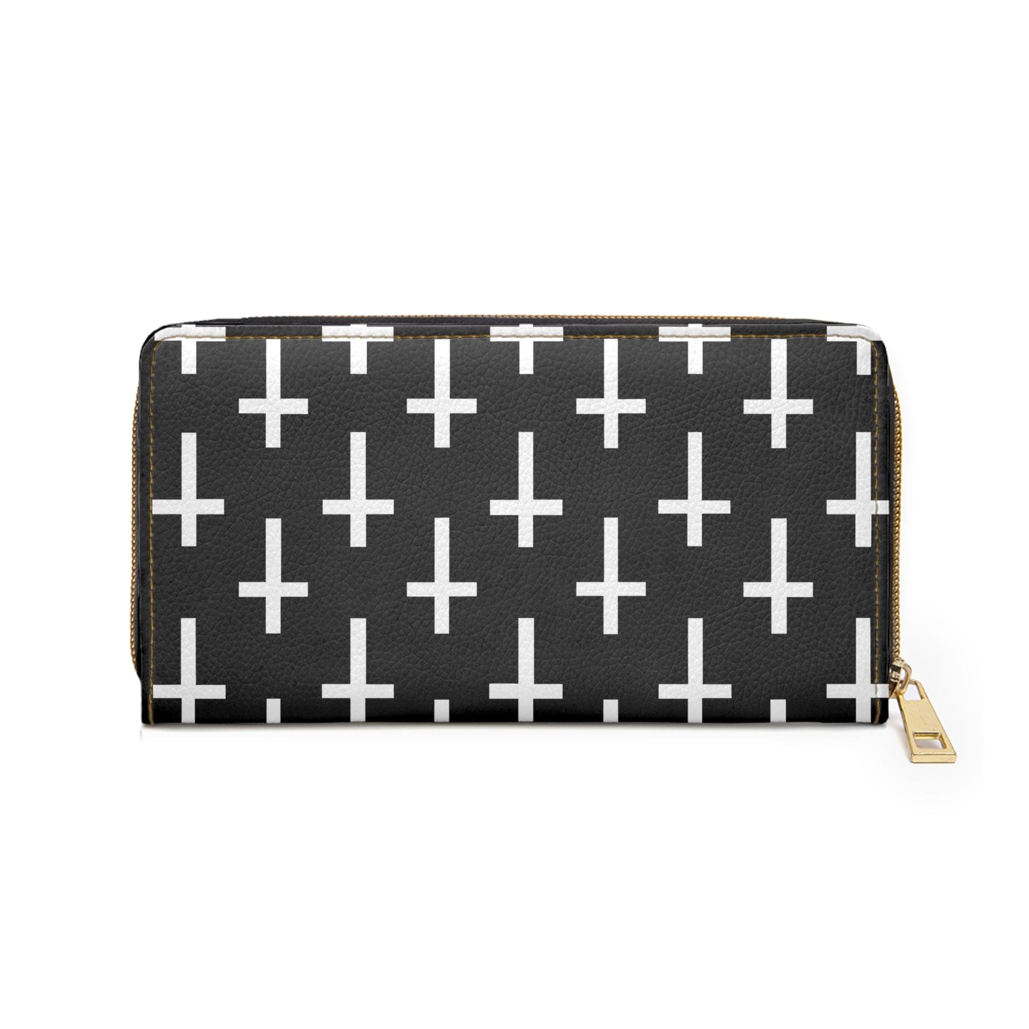 Black and white seamless cross pattern women's zipper wallet clutch showcasing its stylish design and functional compartments.