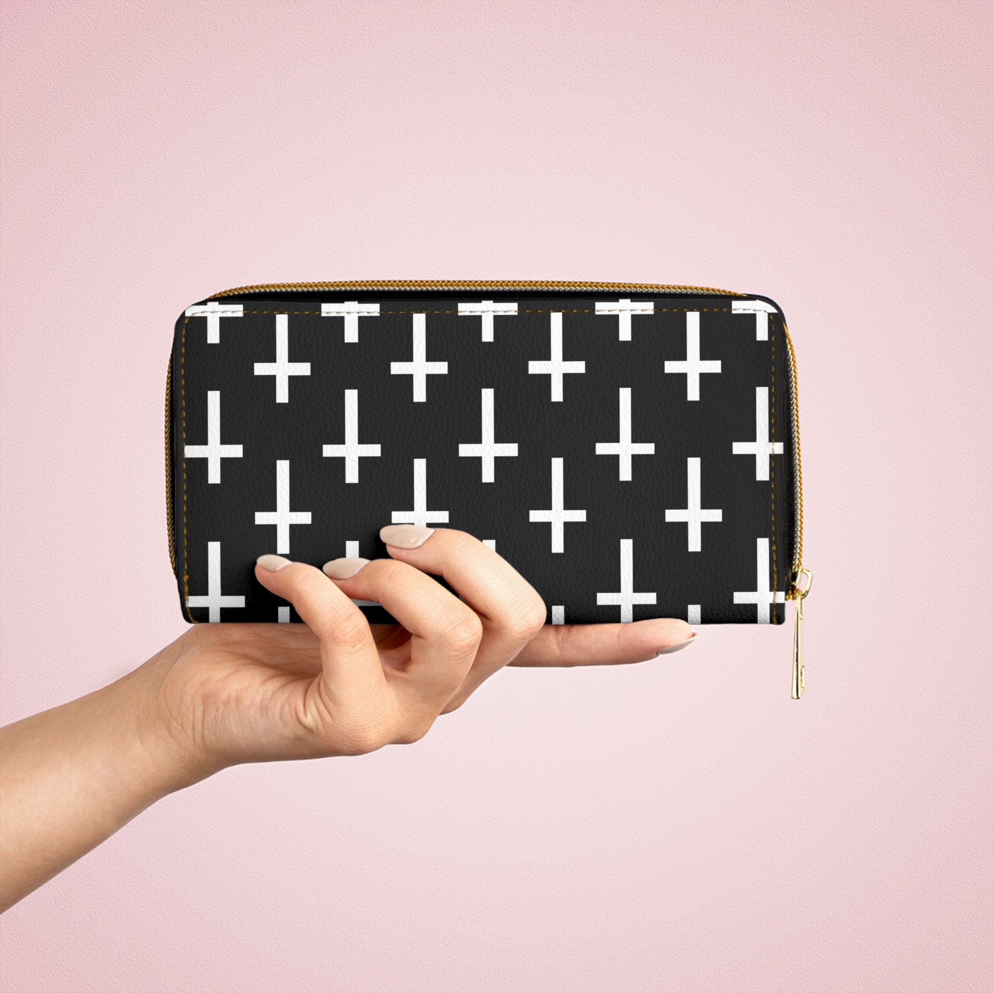 Black and white seamless cross pattern women's zipper wallet clutch showcasing its stylish design and functional compartments.