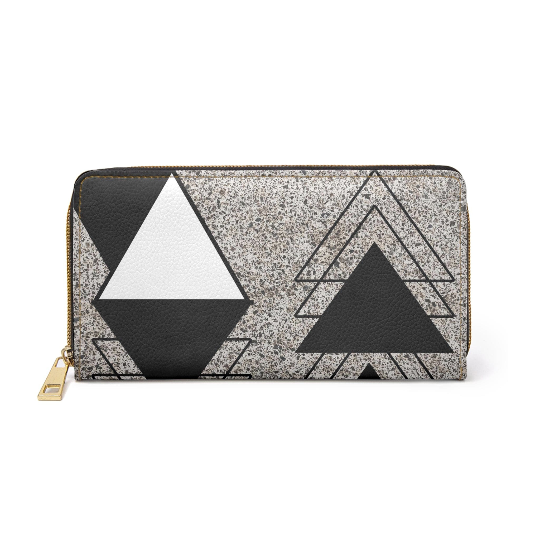 Black and white triangular colorblock women's zipper wallet clutch showcasing its stylish design and functional compartments.