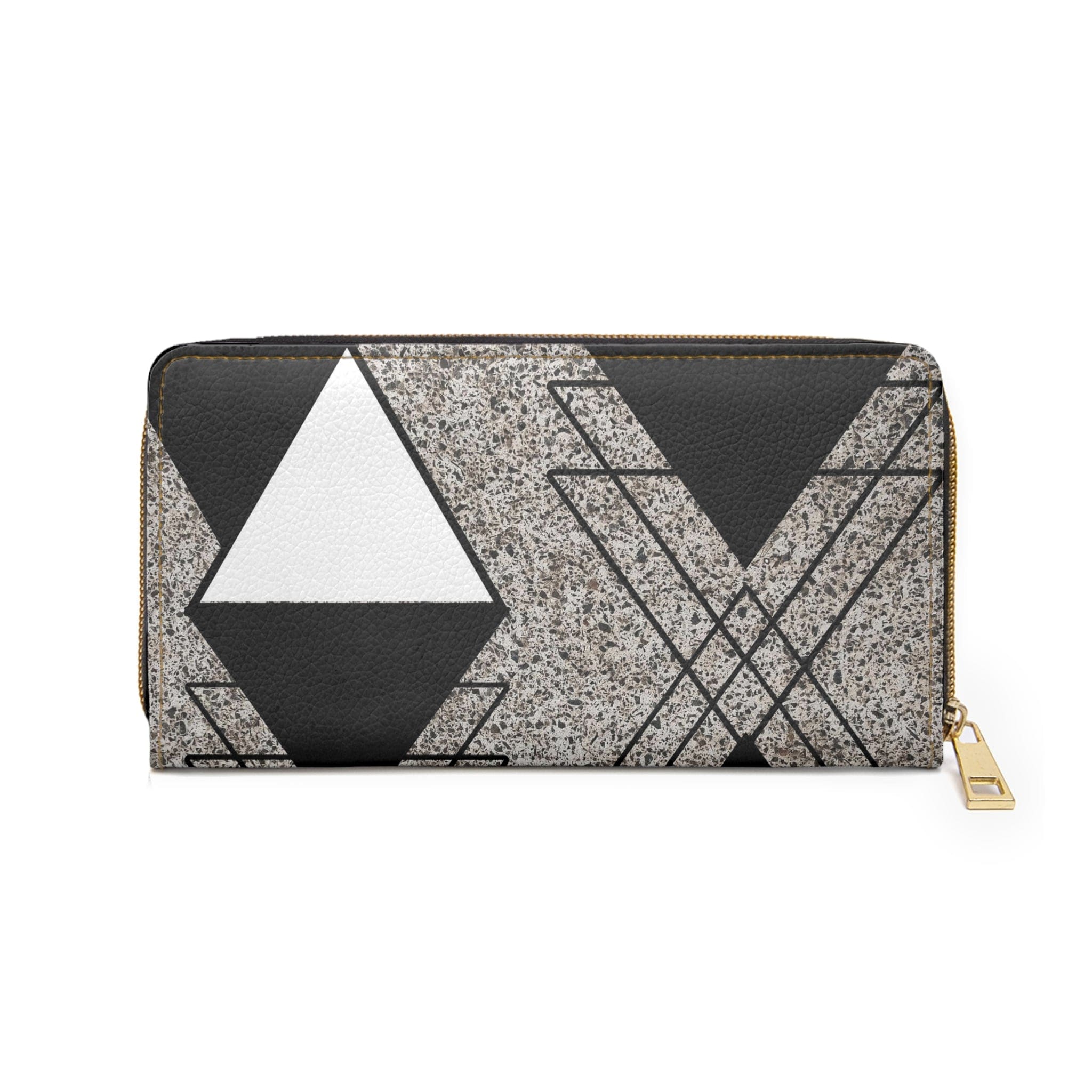 Black and white triangular colorblock women's zipper wallet clutch showcasing its stylish design and functional compartments.