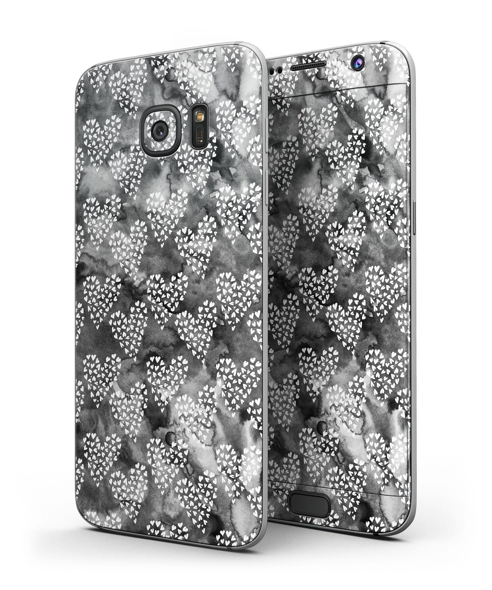 Black and White Watercolor Hearts skin for Samsung Galaxy S7/S7 Edge, showcasing vibrant design and full-body coverage.