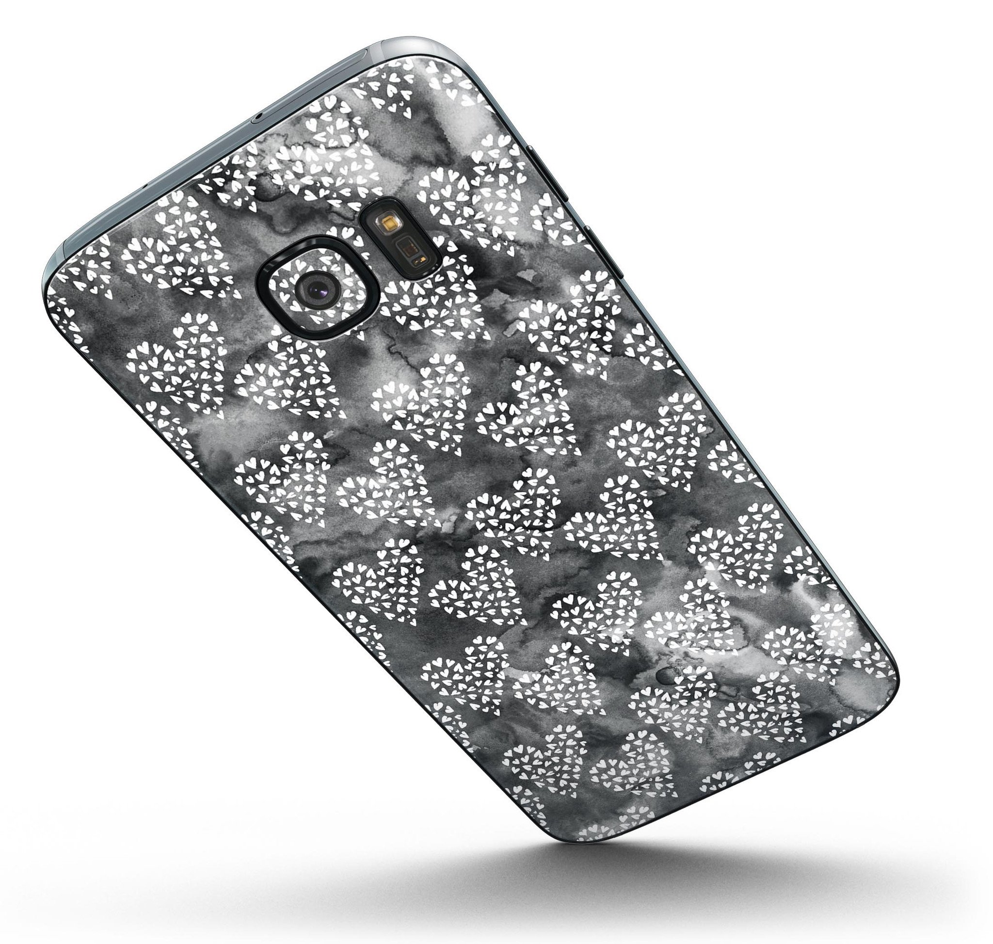 Black and White Watercolor Hearts skin for Samsung Galaxy S7/S7 Edge, showcasing vibrant design and full-body coverage.