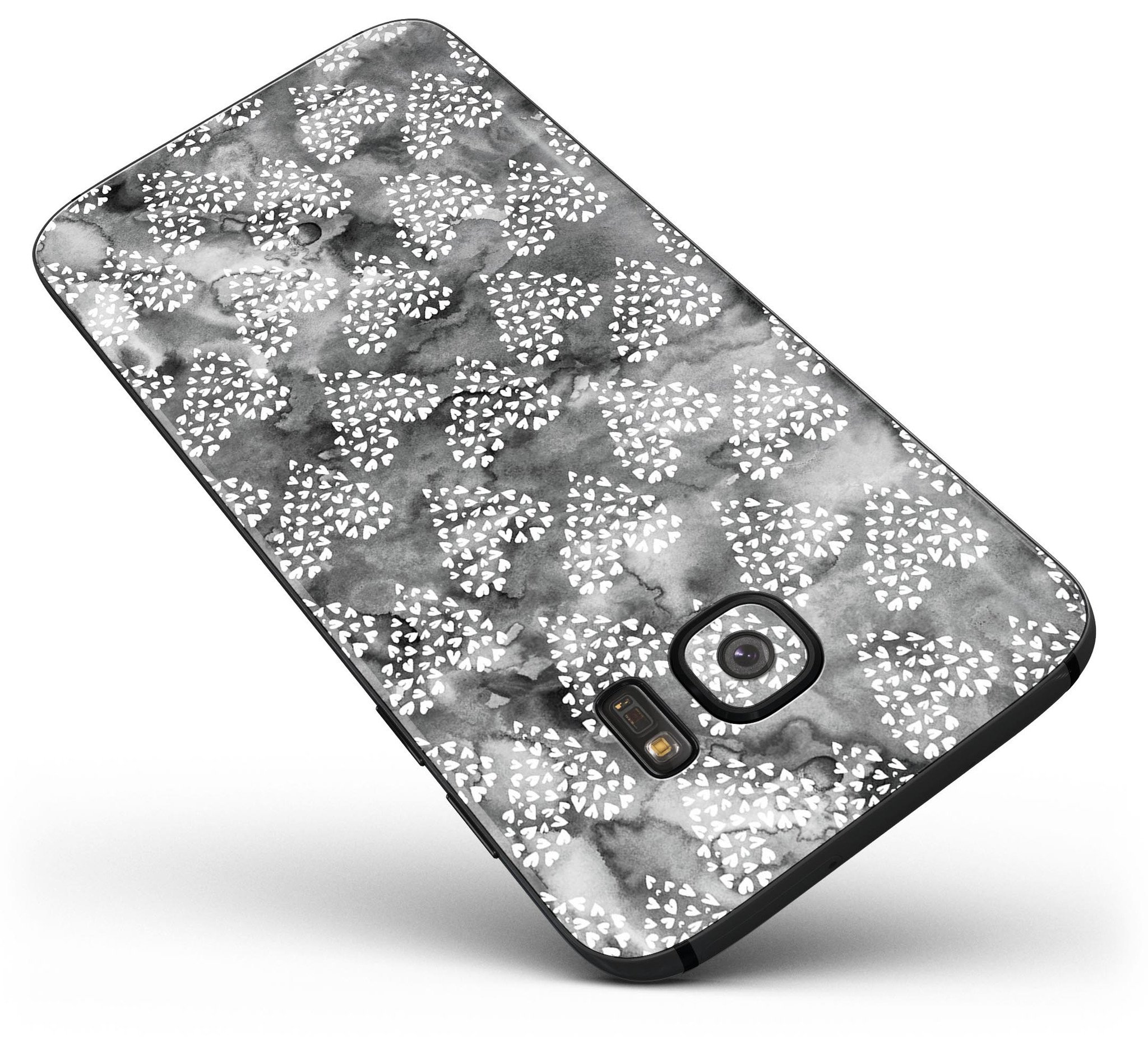 Black and White Watercolor Hearts skin for Samsung Galaxy S7/S7 Edge, showcasing vibrant design and full-body coverage.