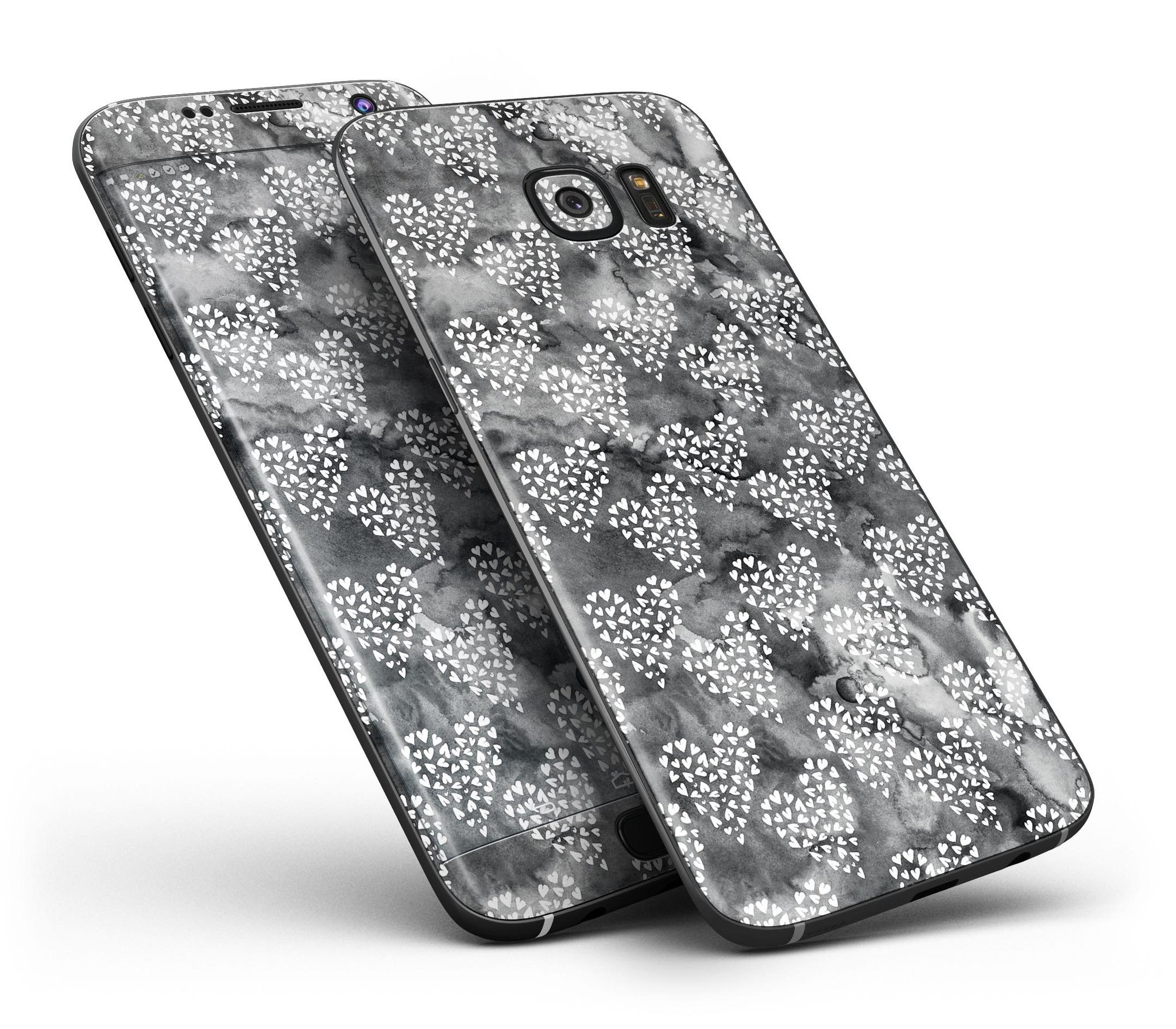 Black and White Watercolor Hearts skin for Samsung Galaxy S7/S7 Edge, showcasing vibrant design and full-body coverage.