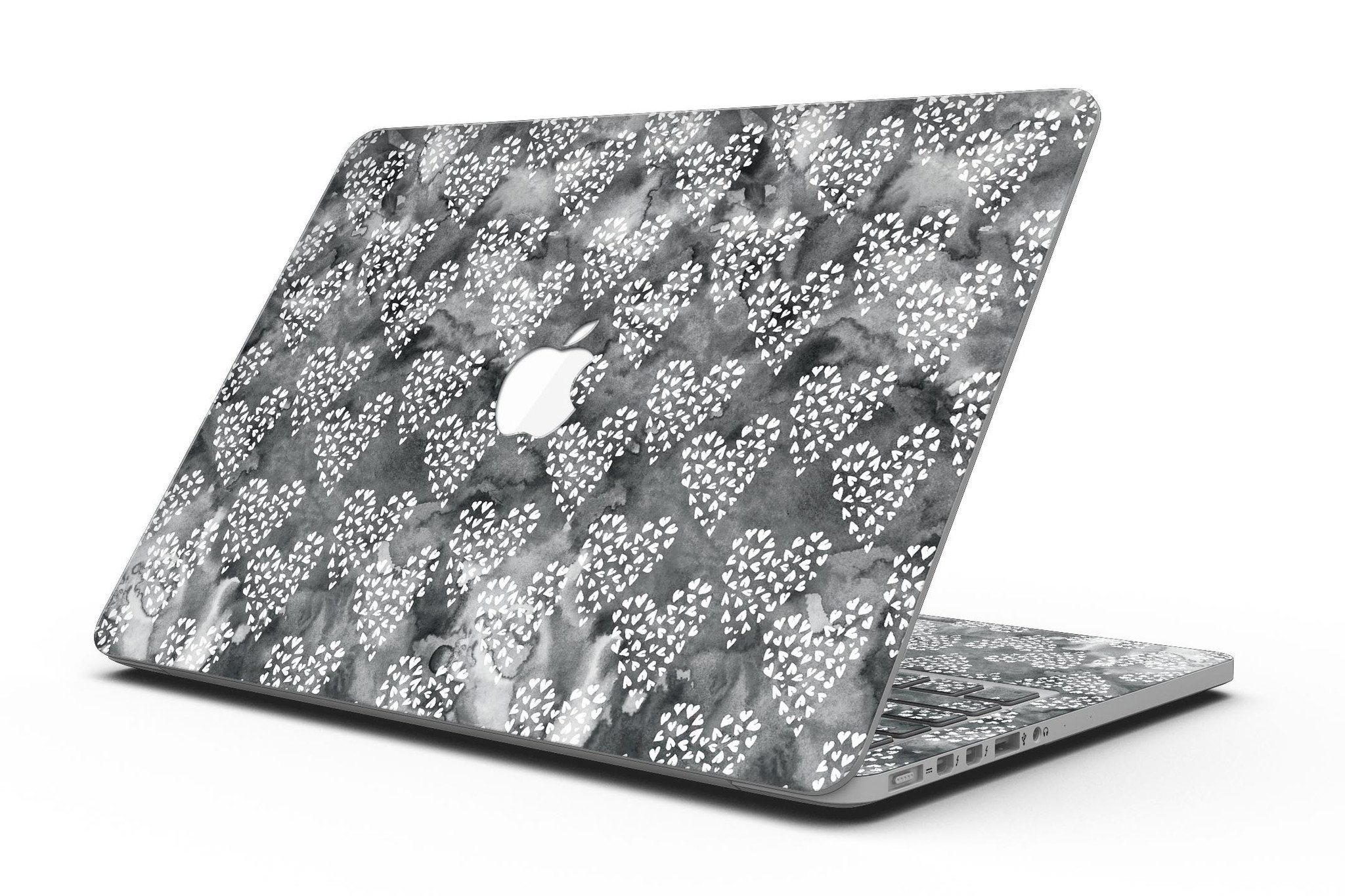 Black and White Watercolor Hearts skin for MacBook Pro with Retina Display, showcasing a stylish design that protects the device.