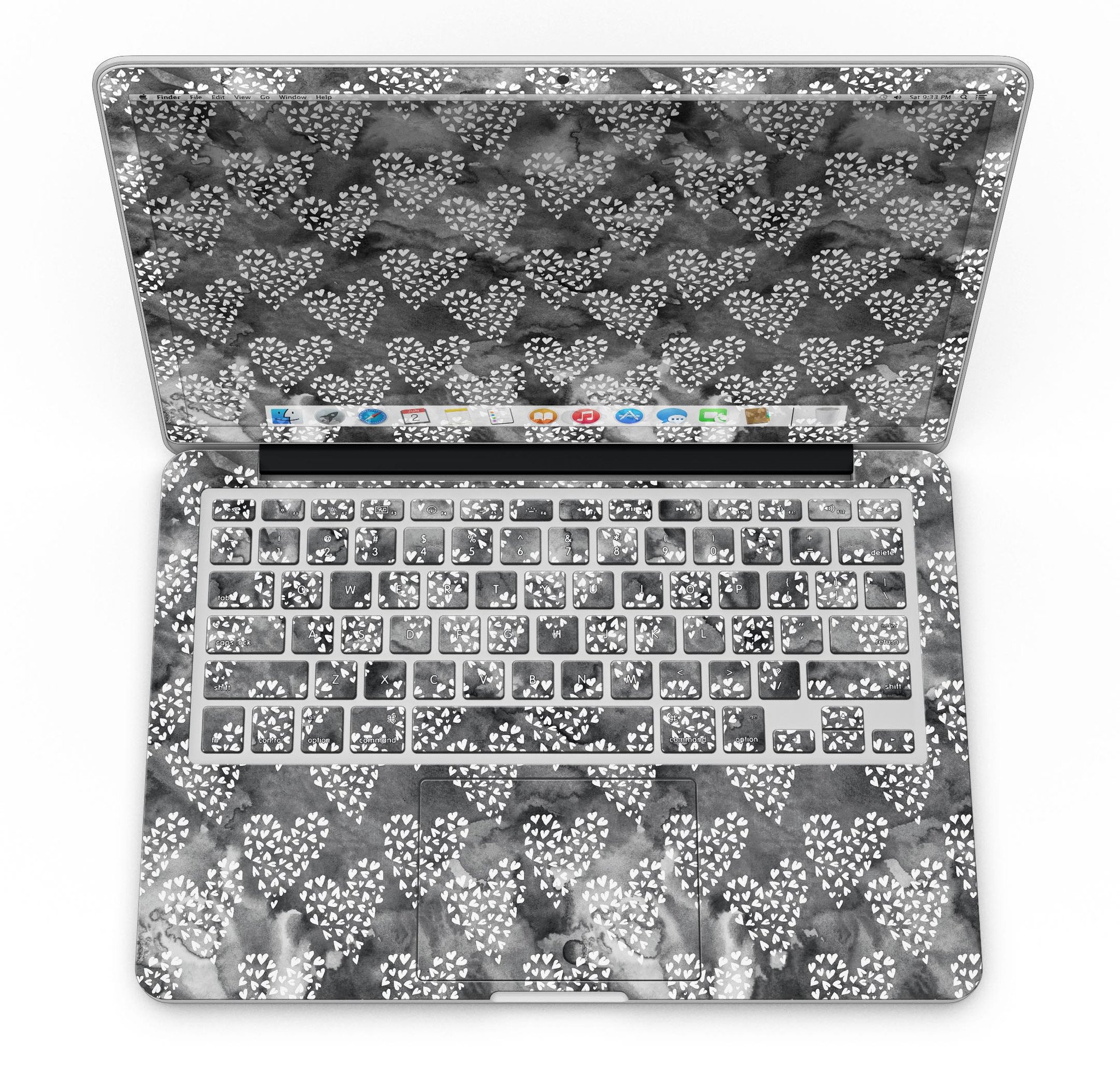 Black and White Watercolor Hearts skin for MacBook Pro with Retina Display, showcasing a stylish design that protects the device.