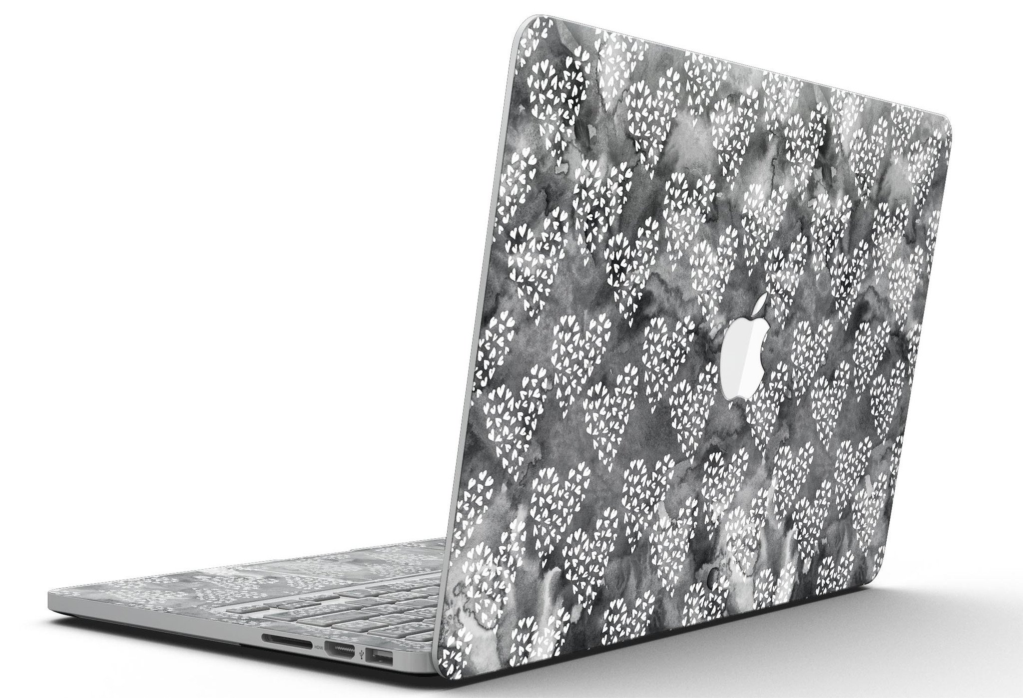 Black and White Watercolor Hearts skin for MacBook Pro with Retina Display, showcasing a stylish design that protects the device.