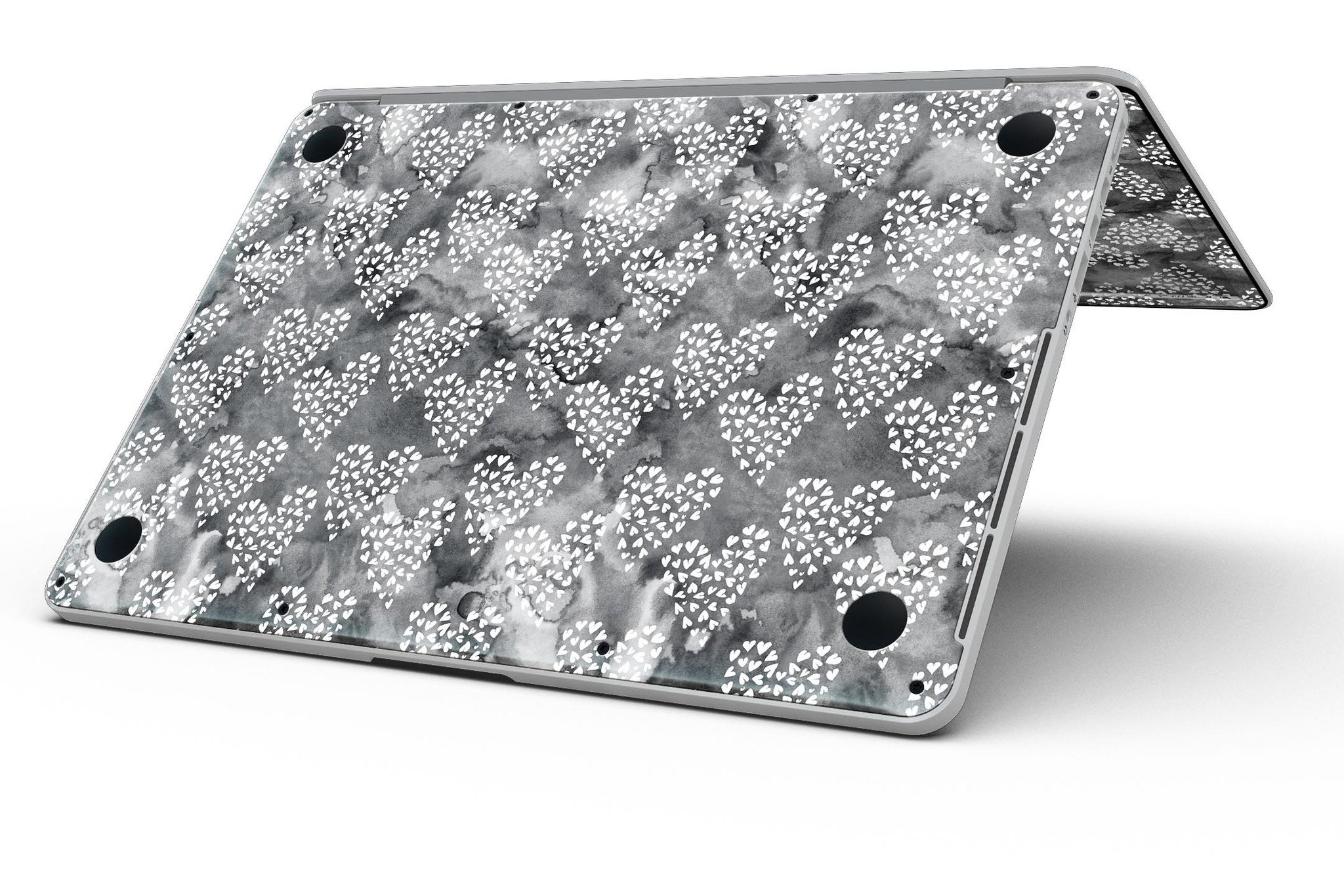 Black and White Watercolor Hearts skin for MacBook Pro with Retina Display, showcasing a stylish design that protects the device.