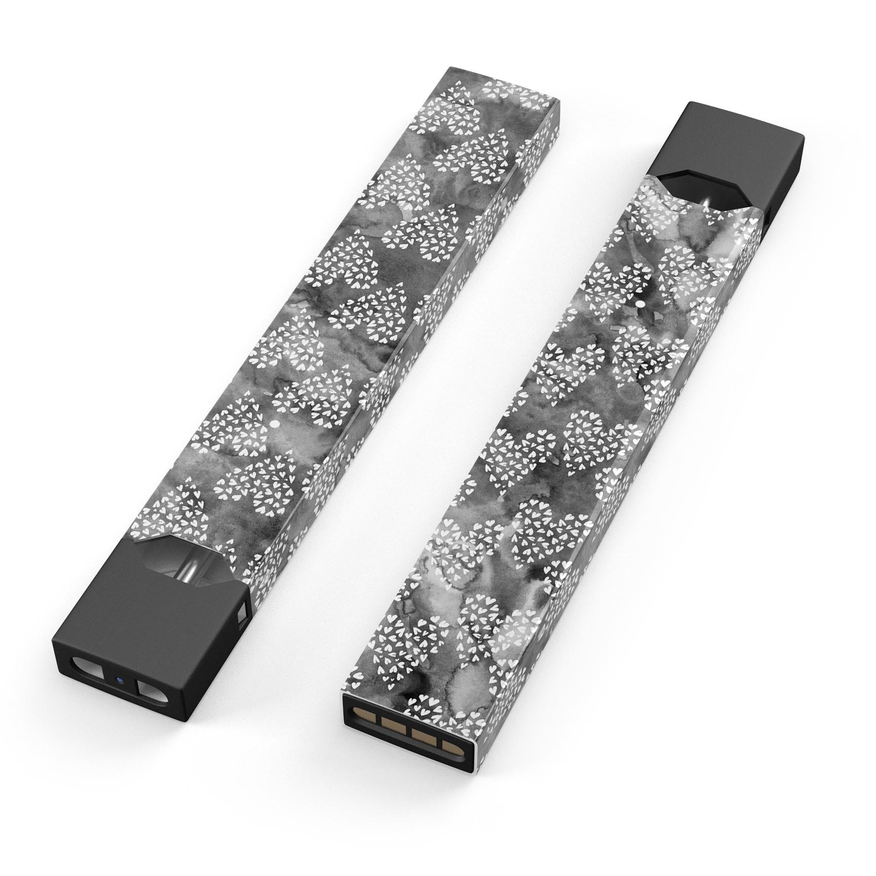 Black and White Watercolor Hearts skin-wrap for JUUL vaping device, showcasing a stylish design with heart patterns.