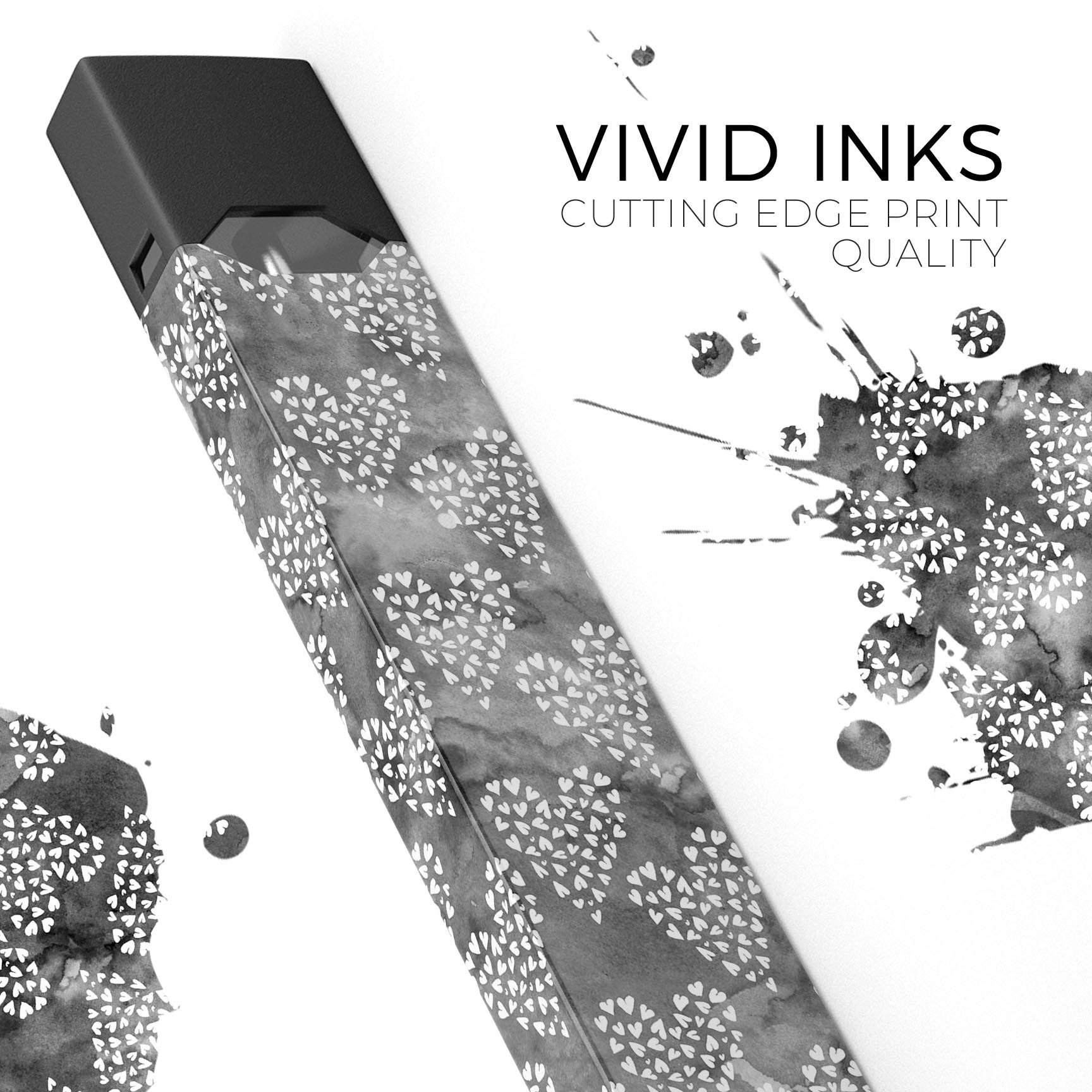 Black and White Watercolor Hearts skin-wrap for JUUL vaping device, showcasing a stylish design with heart patterns.