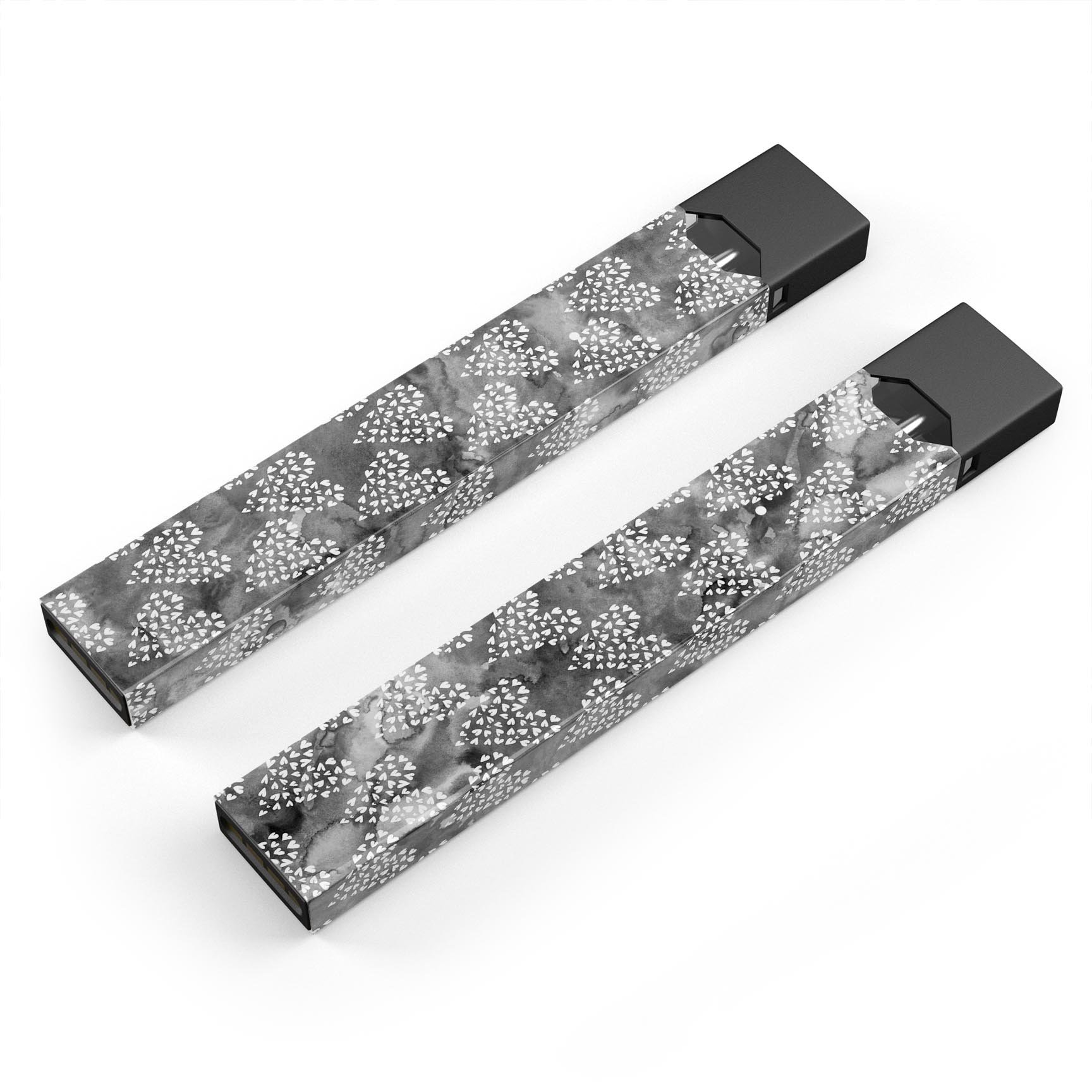 Black and White Watercolor Hearts skin-wrap for JUUL vaping device, showcasing a stylish design with heart patterns.