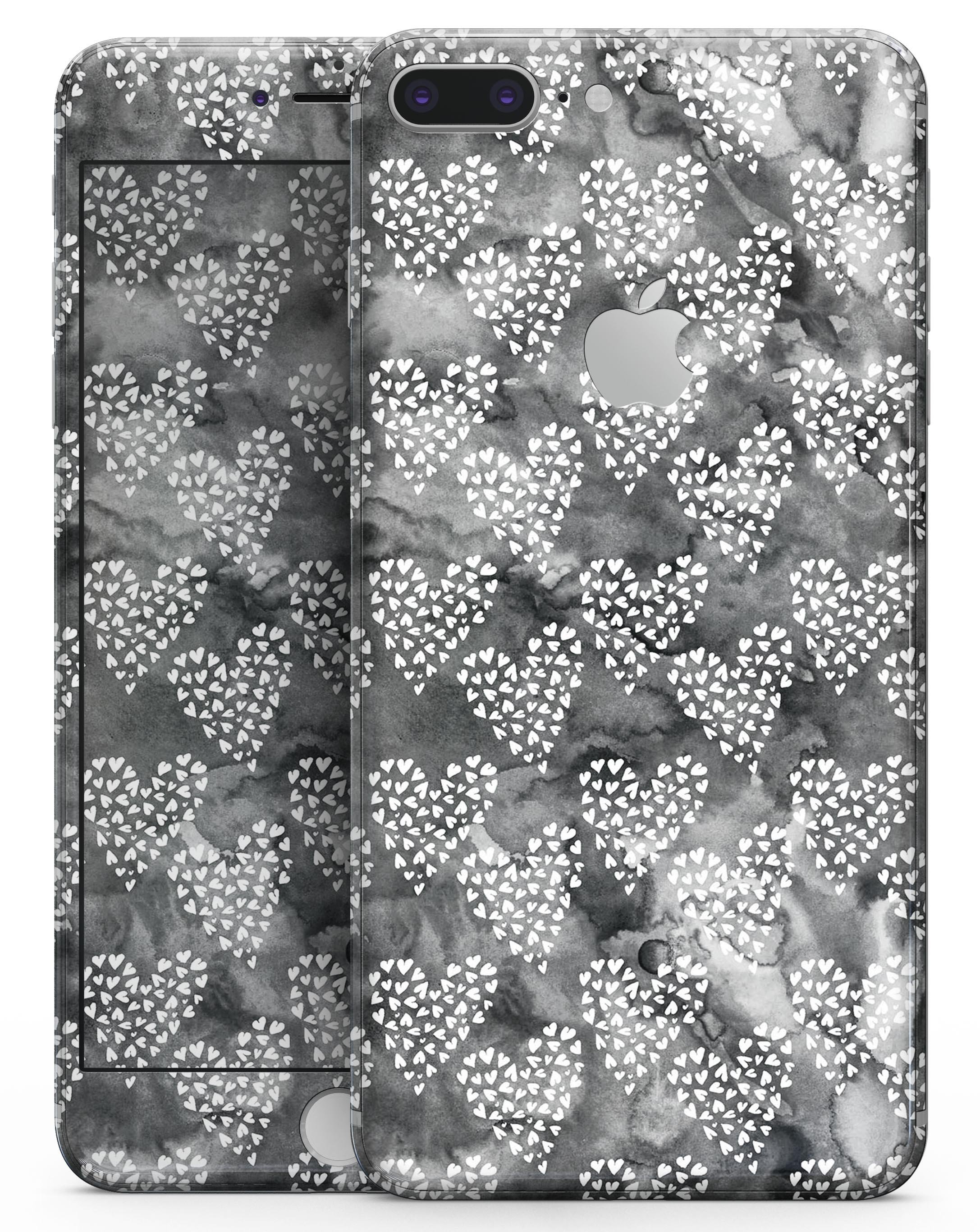 Black and White Watercolor Hearts skin for iPhone 8 and 8 Plus, showcasing a stylish design with a premium vinyl finish.