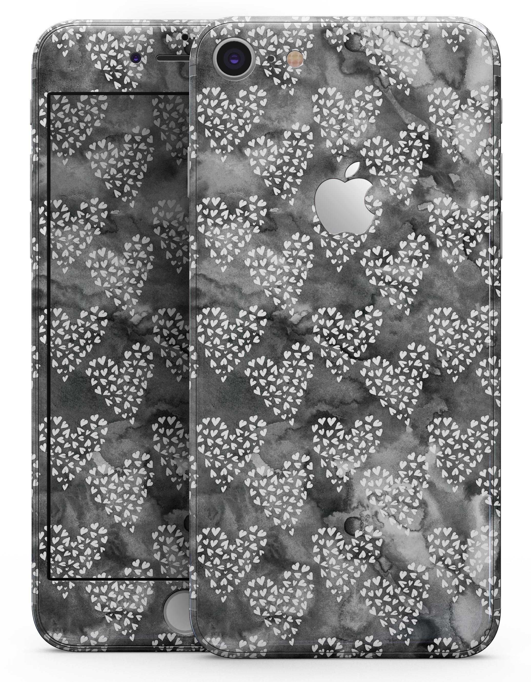 Black and White Watercolor Hearts skin for iPhone 8 and 8 Plus, showcasing a stylish design with a premium vinyl finish.