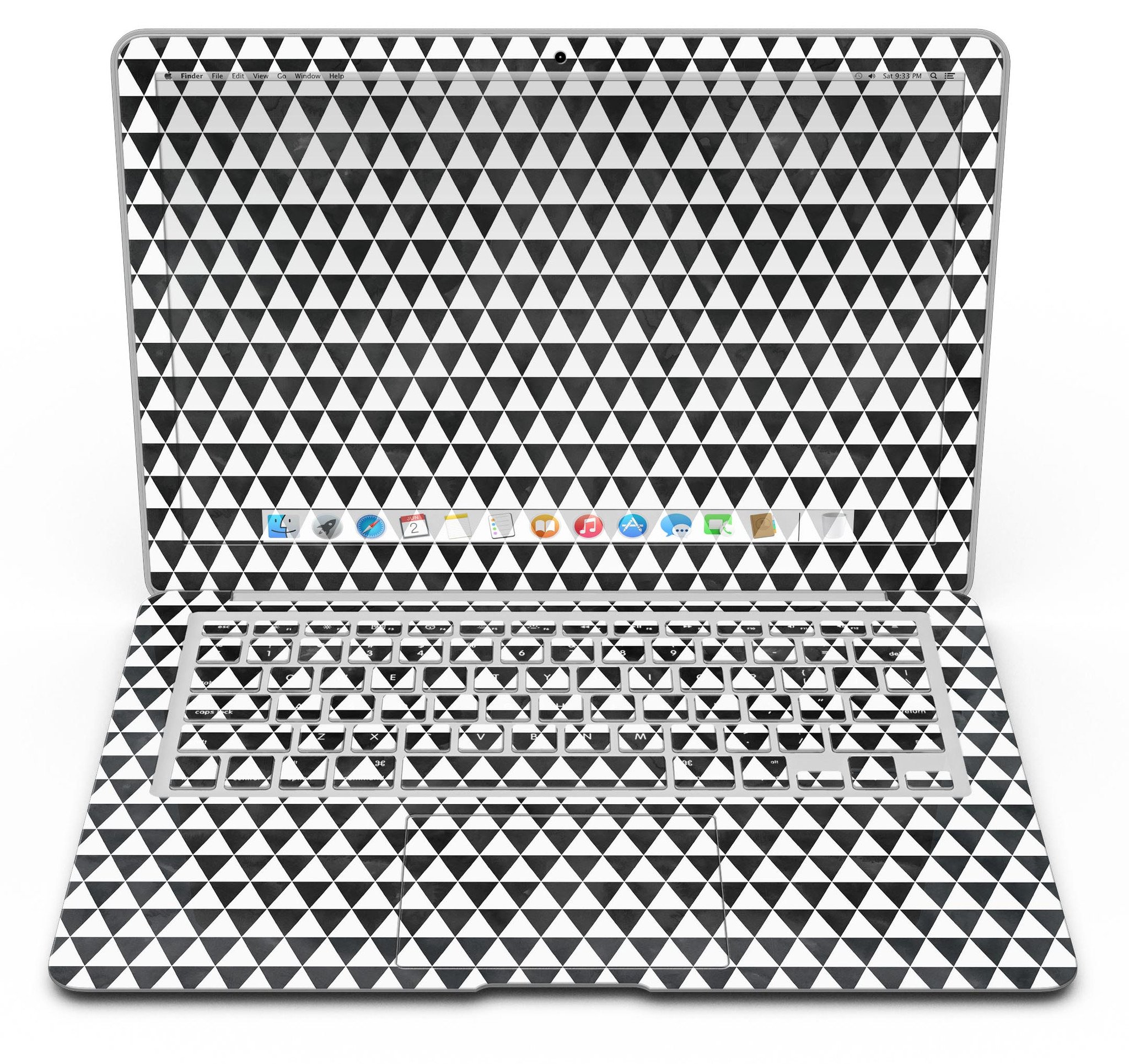 Black and white watercolor triangle pattern skin for MacBook Air, showcasing a stylish design that fits perfectly on the device.