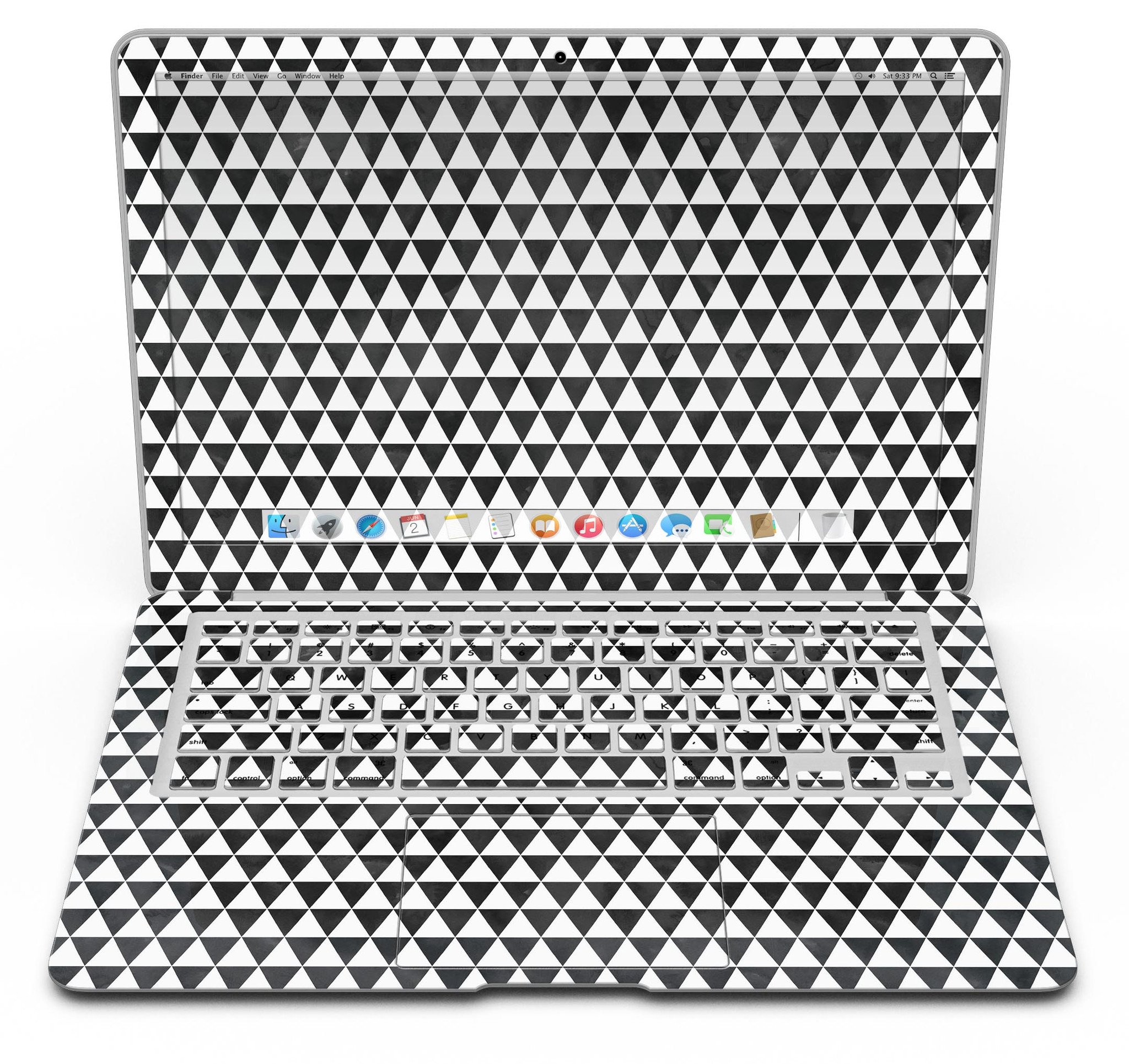 Black and white watercolor triangle pattern skin for MacBook Air, showcasing a stylish design that fits perfectly on the device.