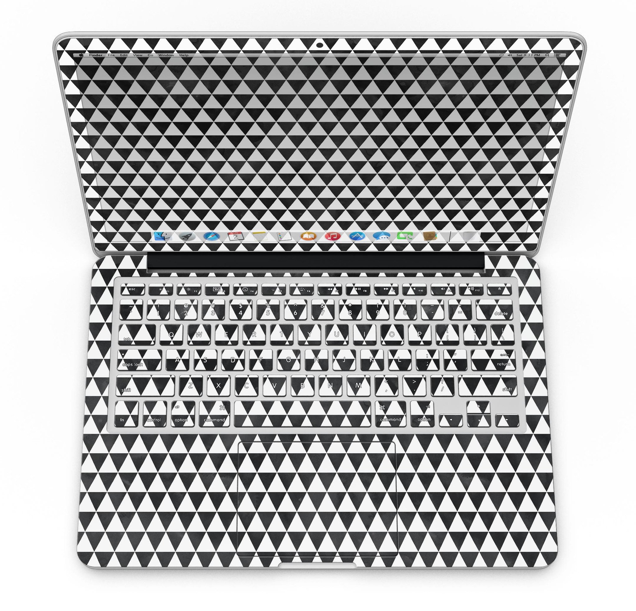 Black and white watercolor triangle pattern skin for MacBook Pro with Retina Display, showcasing a stylish design that fits perfectly.