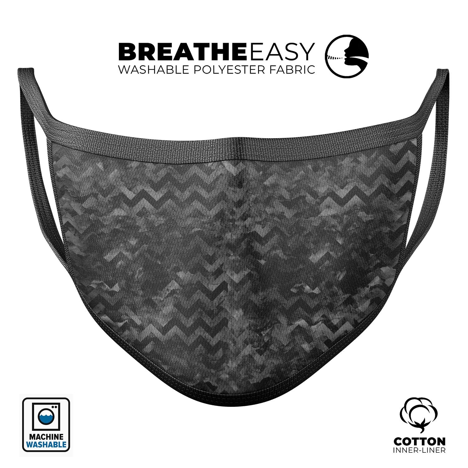 Black Basic Watercolor Chevron Pattern mouth cover, showcasing a stylish design with adjustable ear loops for a perfect fit.