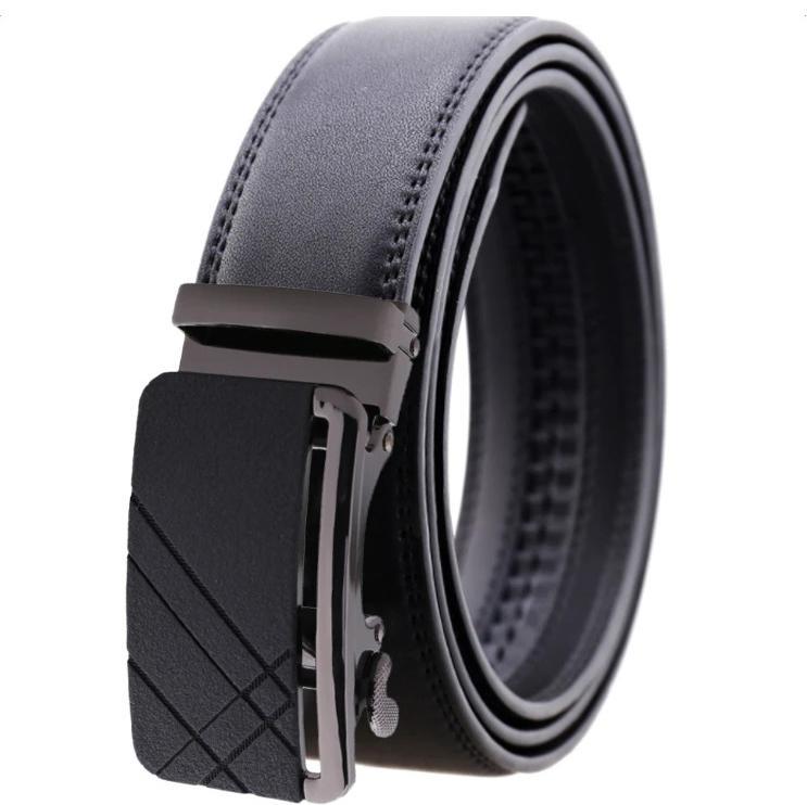 Black adjustable ratchet slide buckle belt made from genuine leather with a sleek black buckle, suitable for various waist sizes.