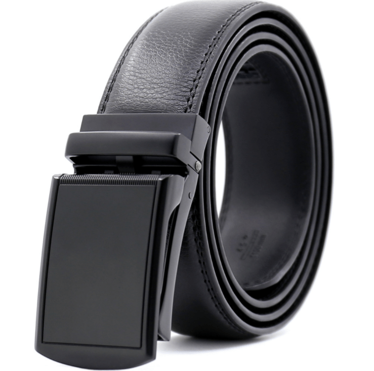 Black adjustable ratchet slide buckle belt made of genuine leather with a sleek black buckle, suitable for various waist sizes.