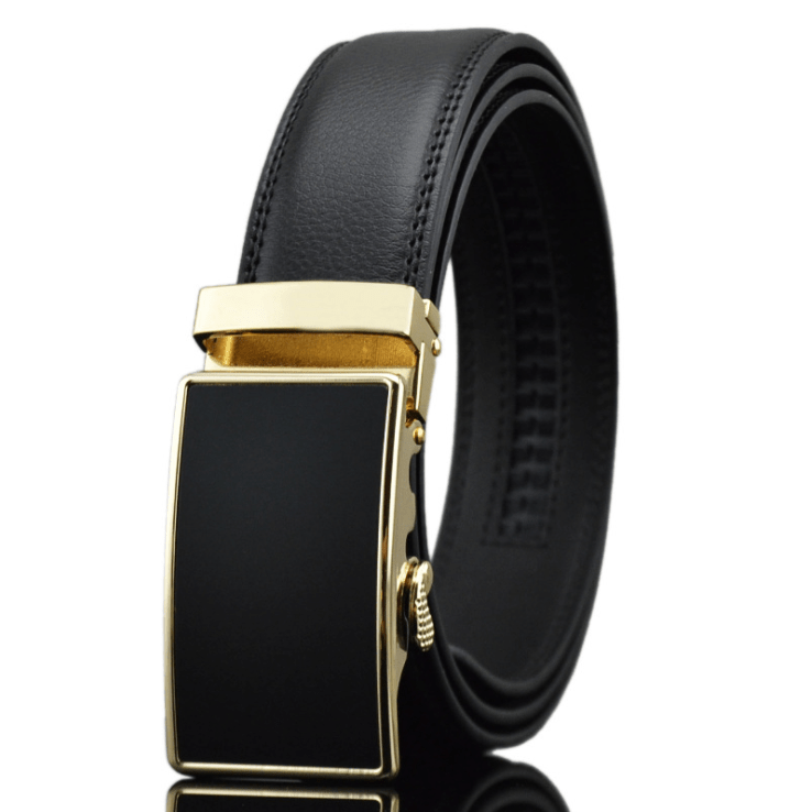 Black adjustable ratchet slide buckle belt with a gold buckle, made from high-quality genuine leather, suitable for various waist sizes.