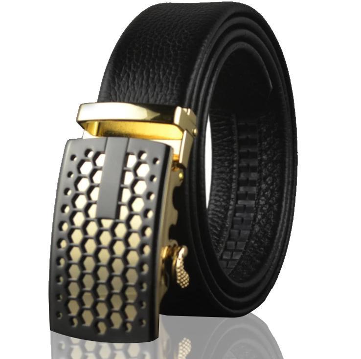 Black adjustable ratchet slide buckle belt with a black gold buckle, made from genuine leather, suitable for waist sizes 26" to 54".