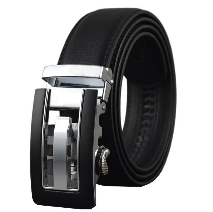 Black adjustable ratchet slide buckle belt with matte silver buckle, made from high-quality genuine leather, suitable for waist sizes 26" to 54".