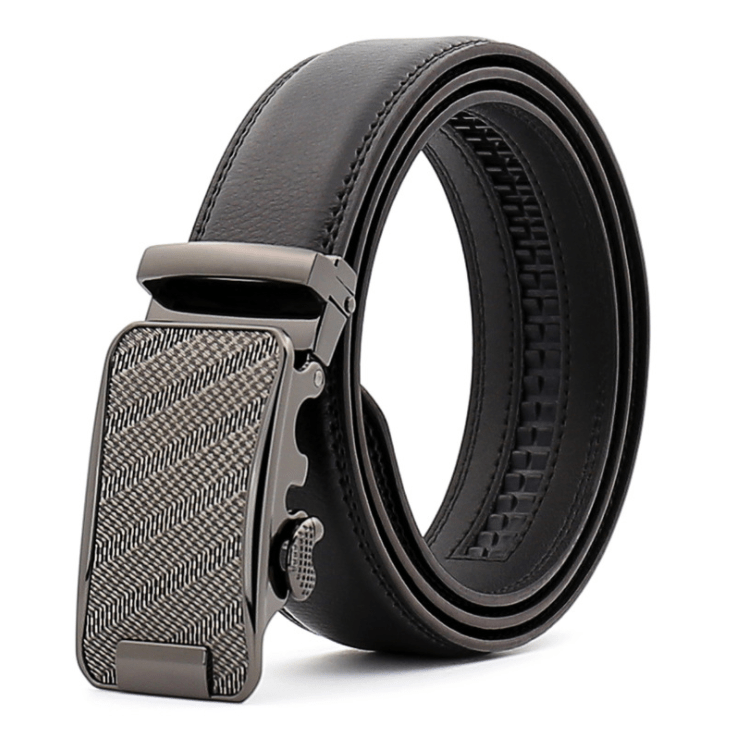 Black adjustable ratchet slide buckle belt with silver textured buckle, made from high-quality genuine leather, suitable for waist sizes 26 to 54 inches.