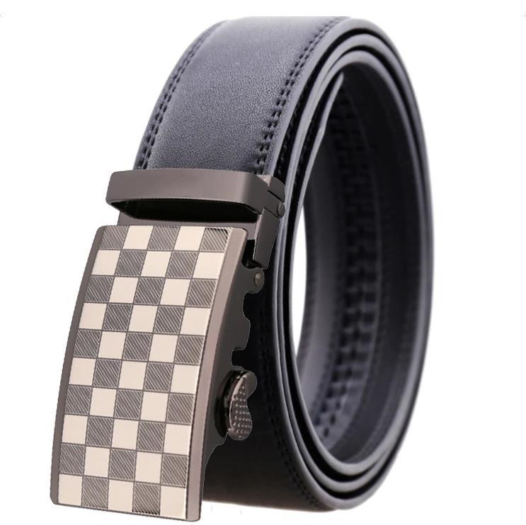 Black adjustable ratchet slide buckle belt with silver white buckle, made from genuine leather, suitable for waist sizes 26 to 54 inches.