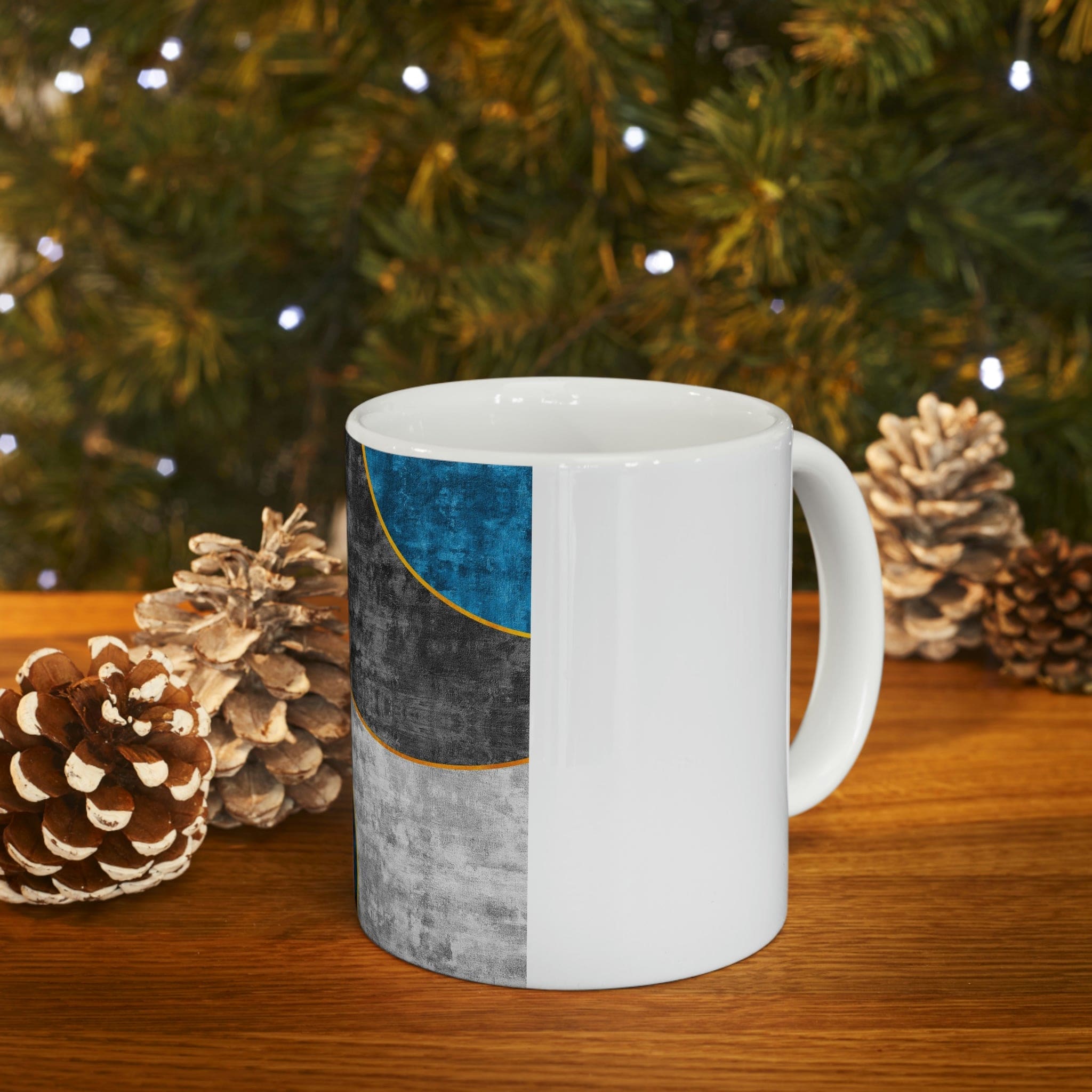 Black Blue Grey Circular Geometric Pattern Print showcasing a modern design with circular shapes and a blend of colors.