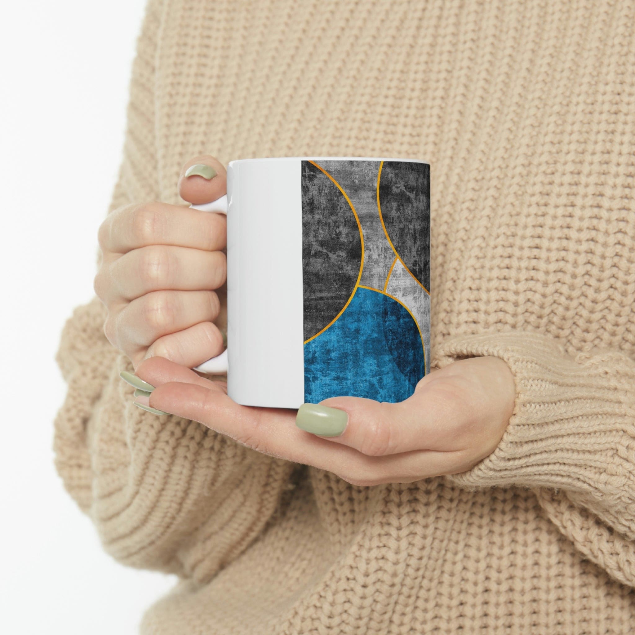 Black Blue Grey Circular Geometric Pattern Print showcasing a modern design with circular shapes and a blend of colors.