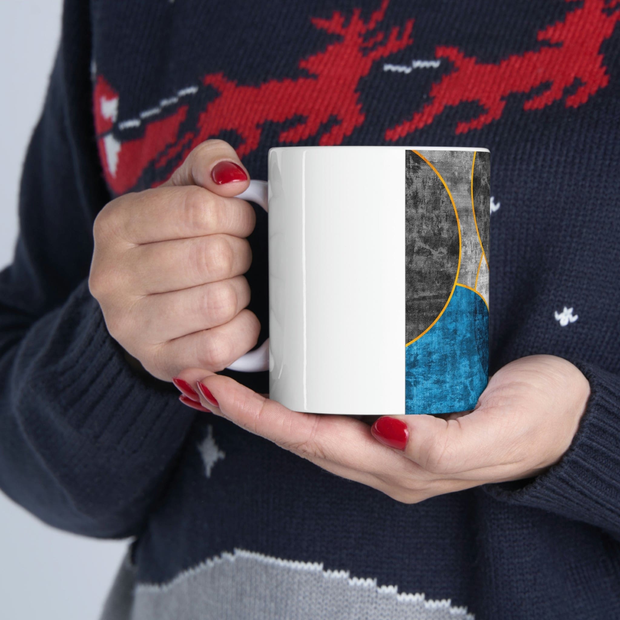 Black Blue Grey Circular Geometric Pattern Print showcasing a modern design with circular shapes and a blend of colors.