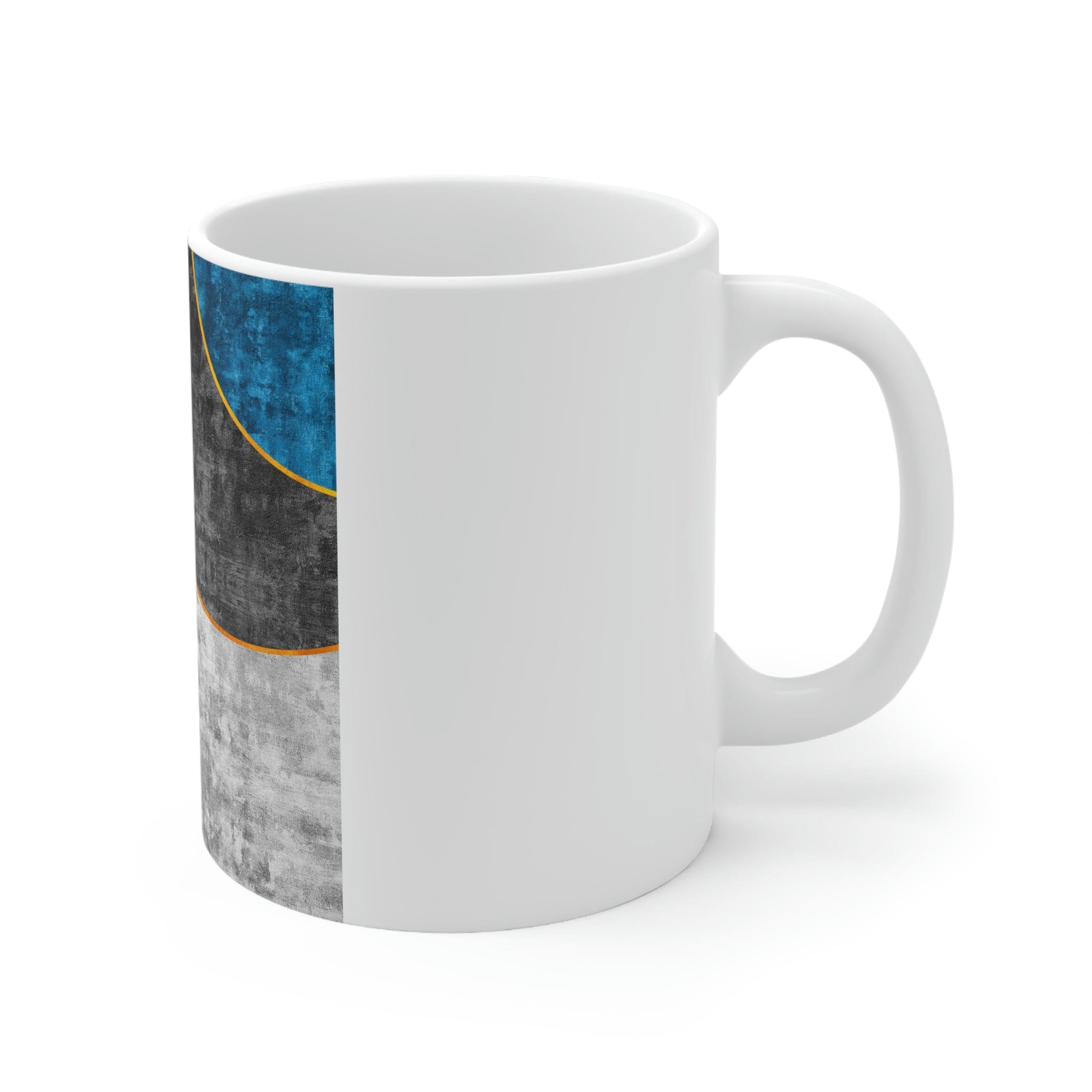 Black Blue Grey Circular Geometric Pattern Print showcasing a modern design with circular shapes and a blend of colors.