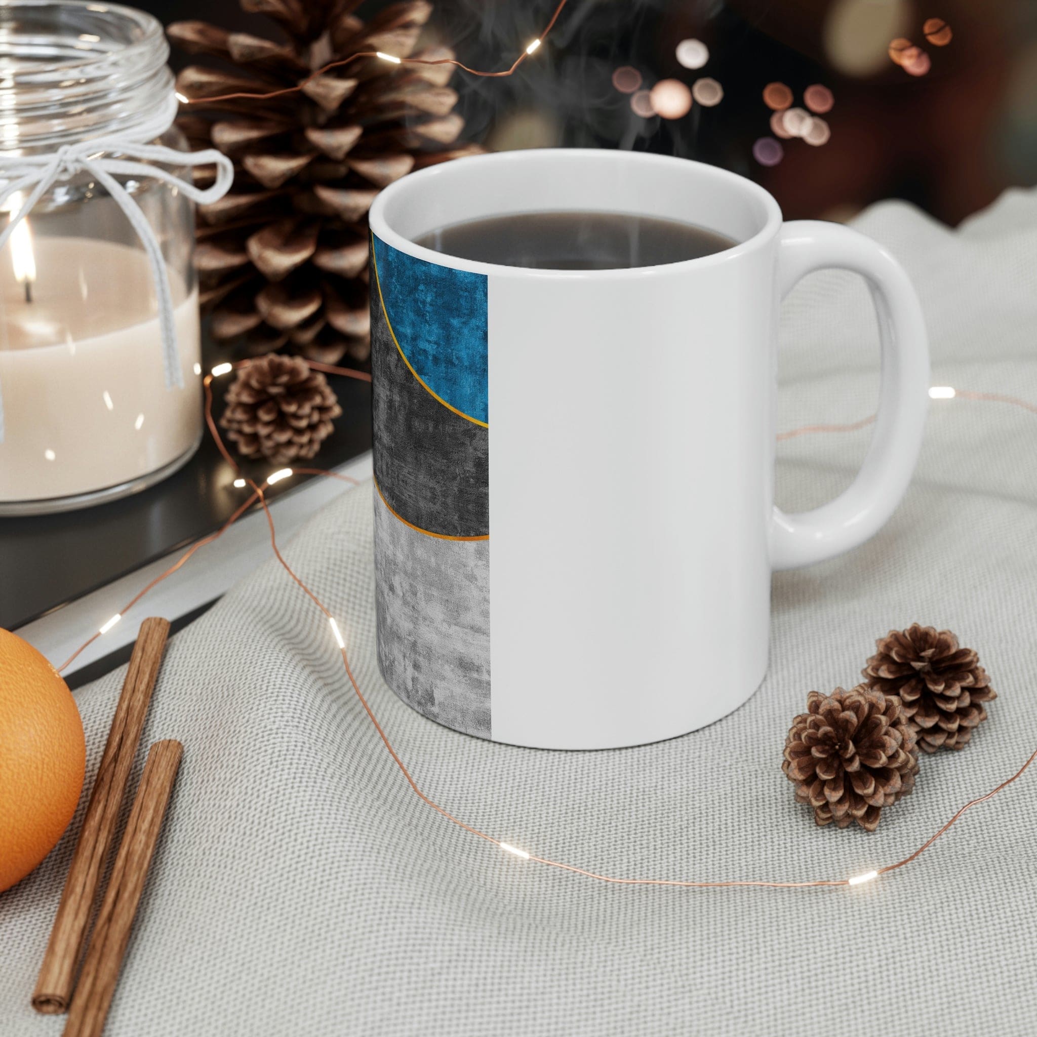 Black Blue Grey Circular Geometric Pattern Print showcasing a modern design with circular shapes and a blend of colors.