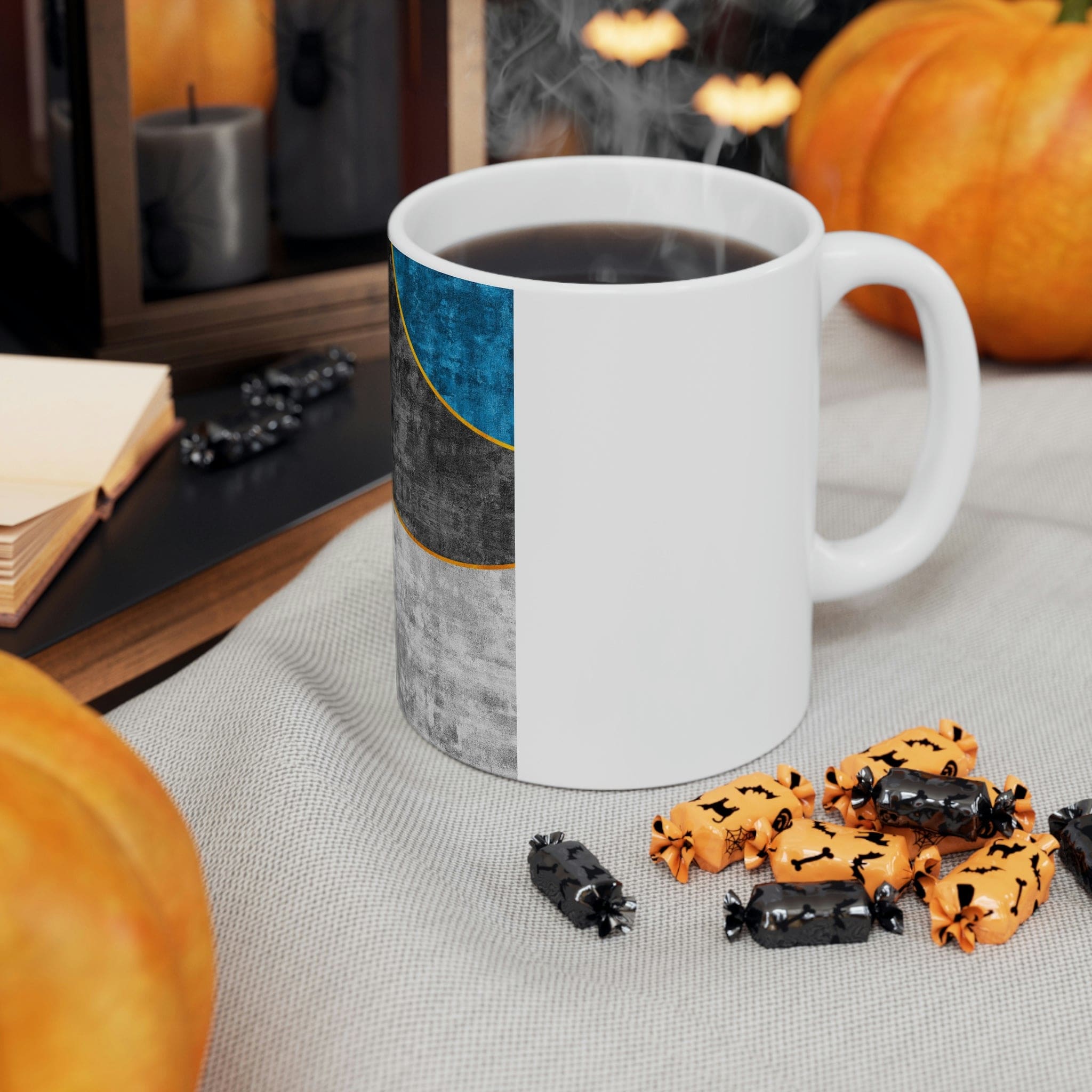 Black Blue Grey Circular Geometric Pattern Print showcasing a modern design with circular shapes and a blend of colors.