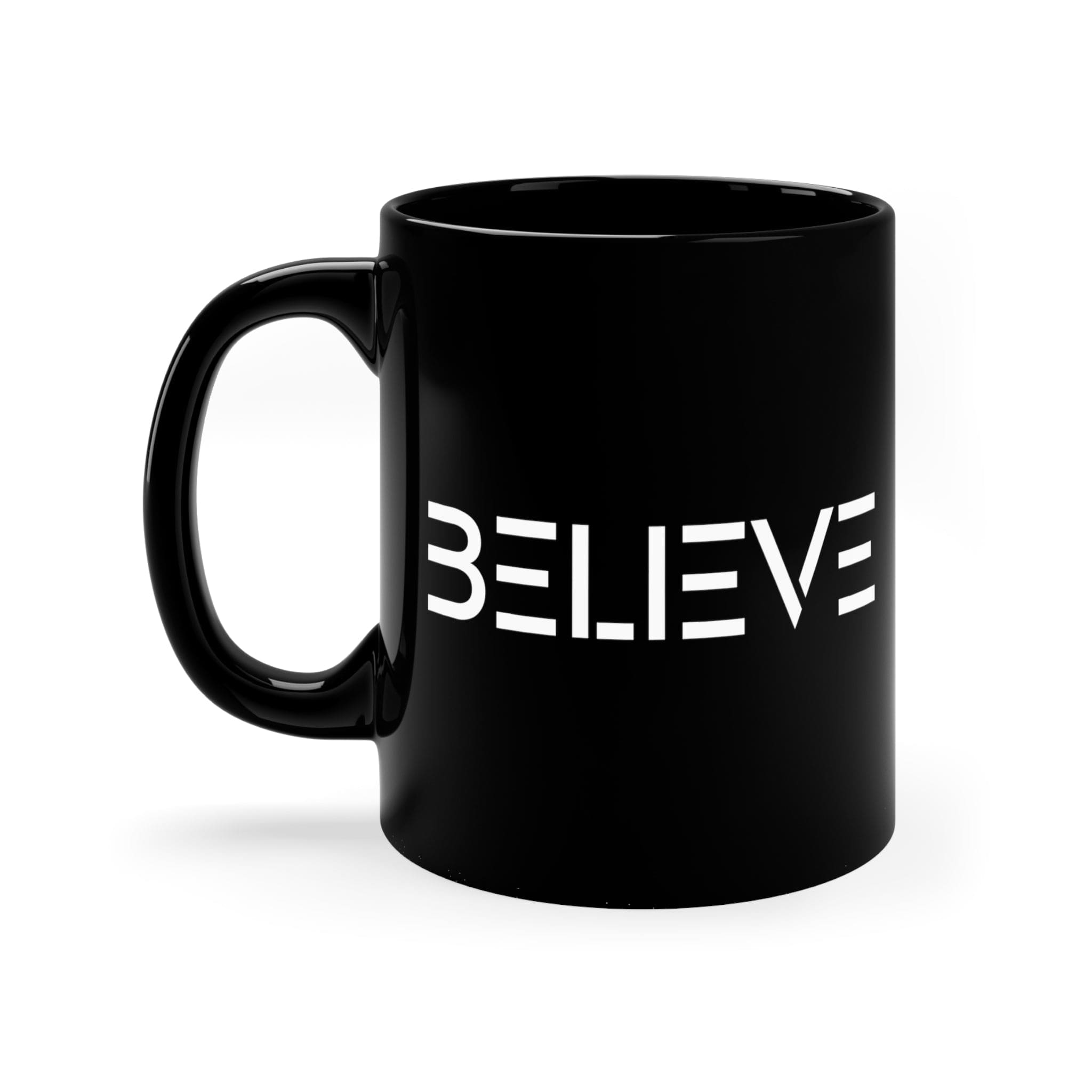 Black Ceramic Mug - 11oz with glossy finish, featuring a C-shaped handle and inspirational design.