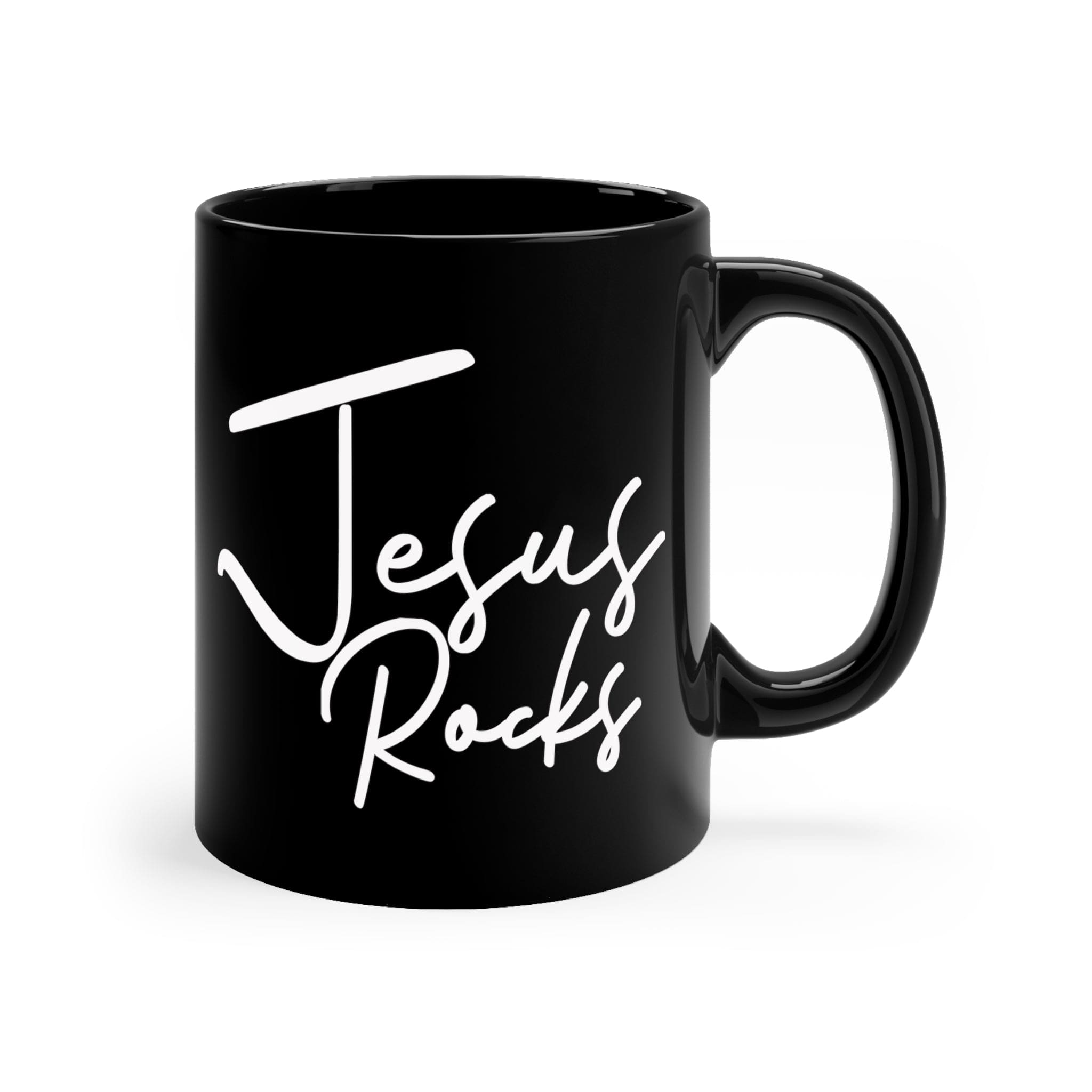 A sleek black ceramic mug with a glossy finish, featuring the inspirational text 'Jesus Rocks' in a modern font, perfect for coffee or tea.