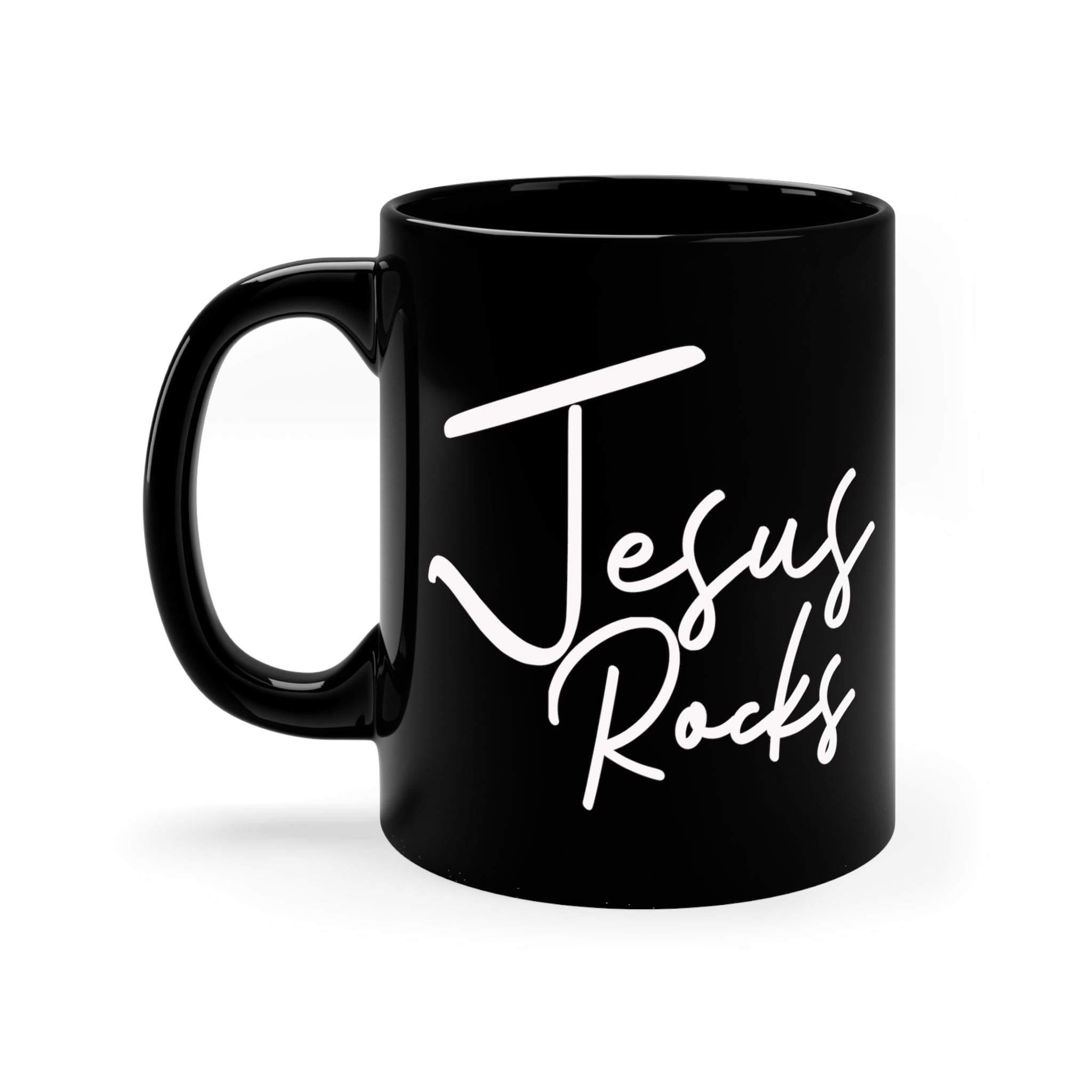 A sleek black ceramic mug with a glossy finish, featuring the inspirational text 'Jesus Rocks' in a modern font, perfect for coffee or tea.