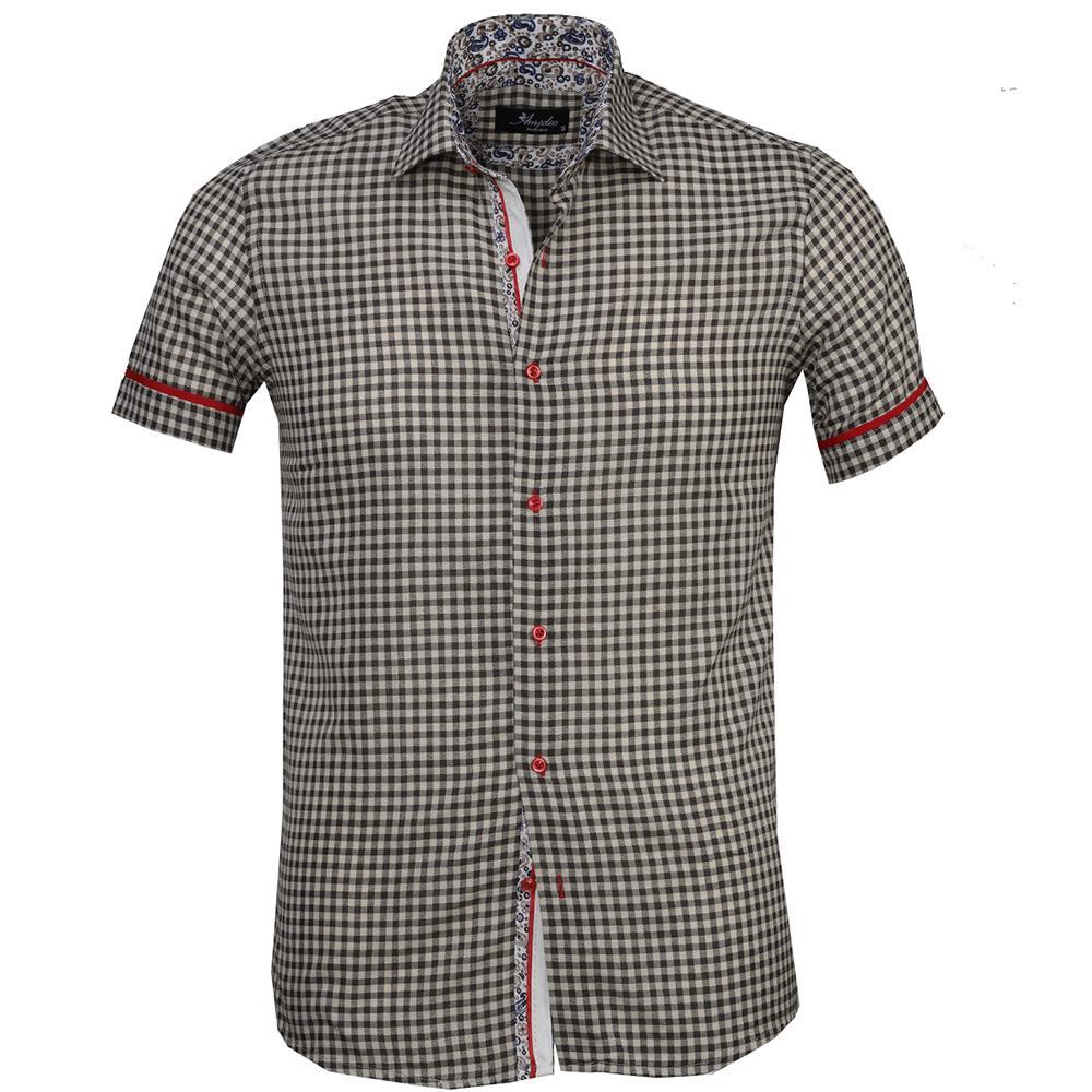 Black checkered paisley men's short sleeve button-up shirt made from luxury European cotton, showcasing a modern design and tailored fit.